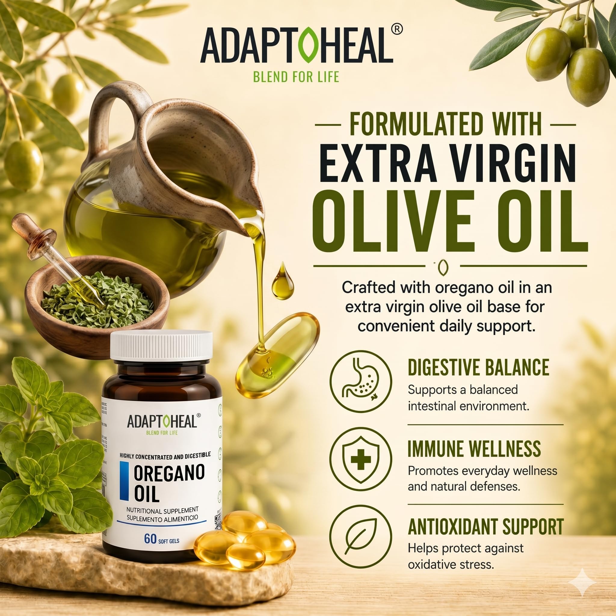 ADAPTOHEAL primeros planos de aceite de oliva mostrando base natural y pureza