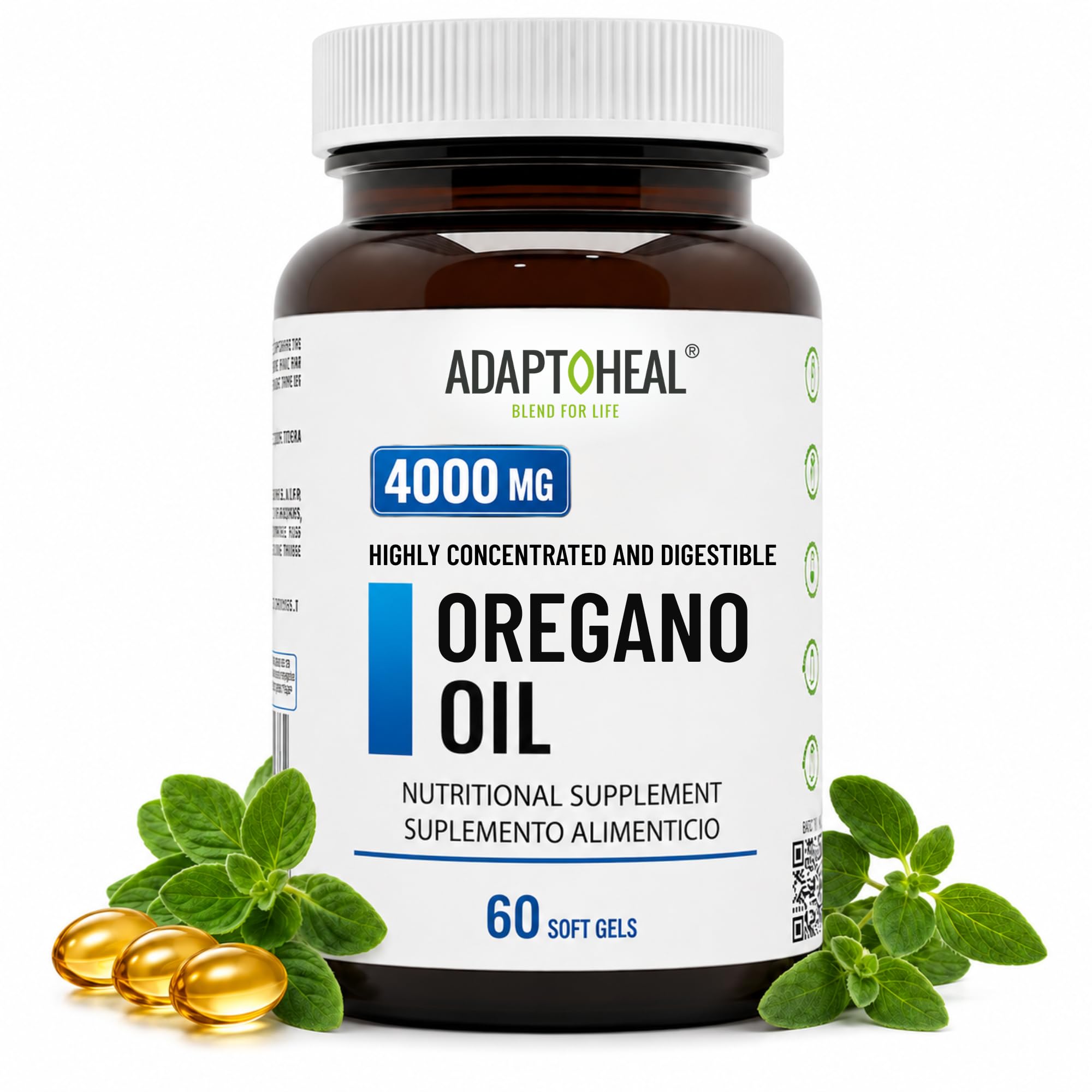 ADAPTOHEAL envase frontal de aceite de orégano mostrando presentación y beneficio práctico
