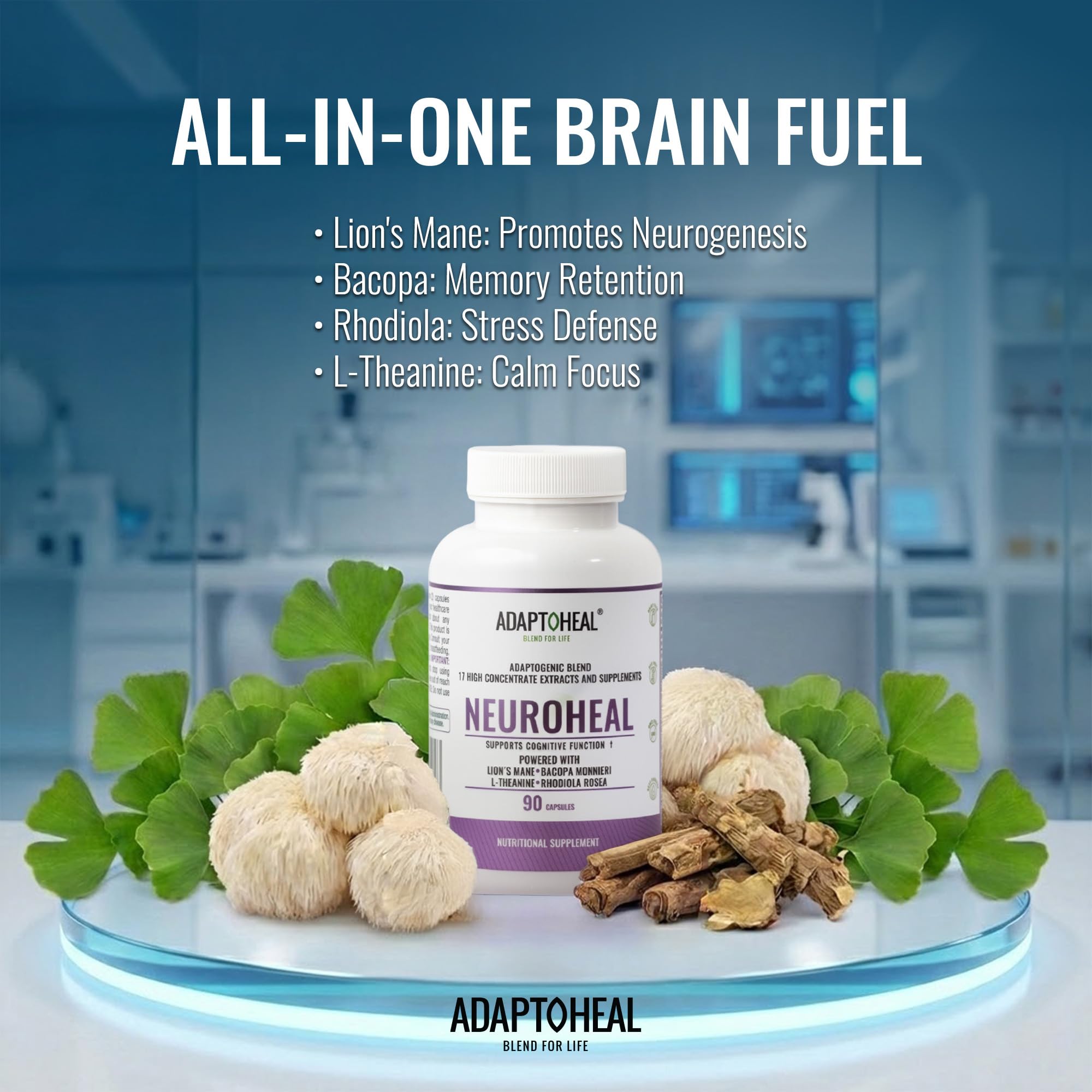 ADAPTOHEAL NeuroHeal botella abierta con cápsulas listas para consumo