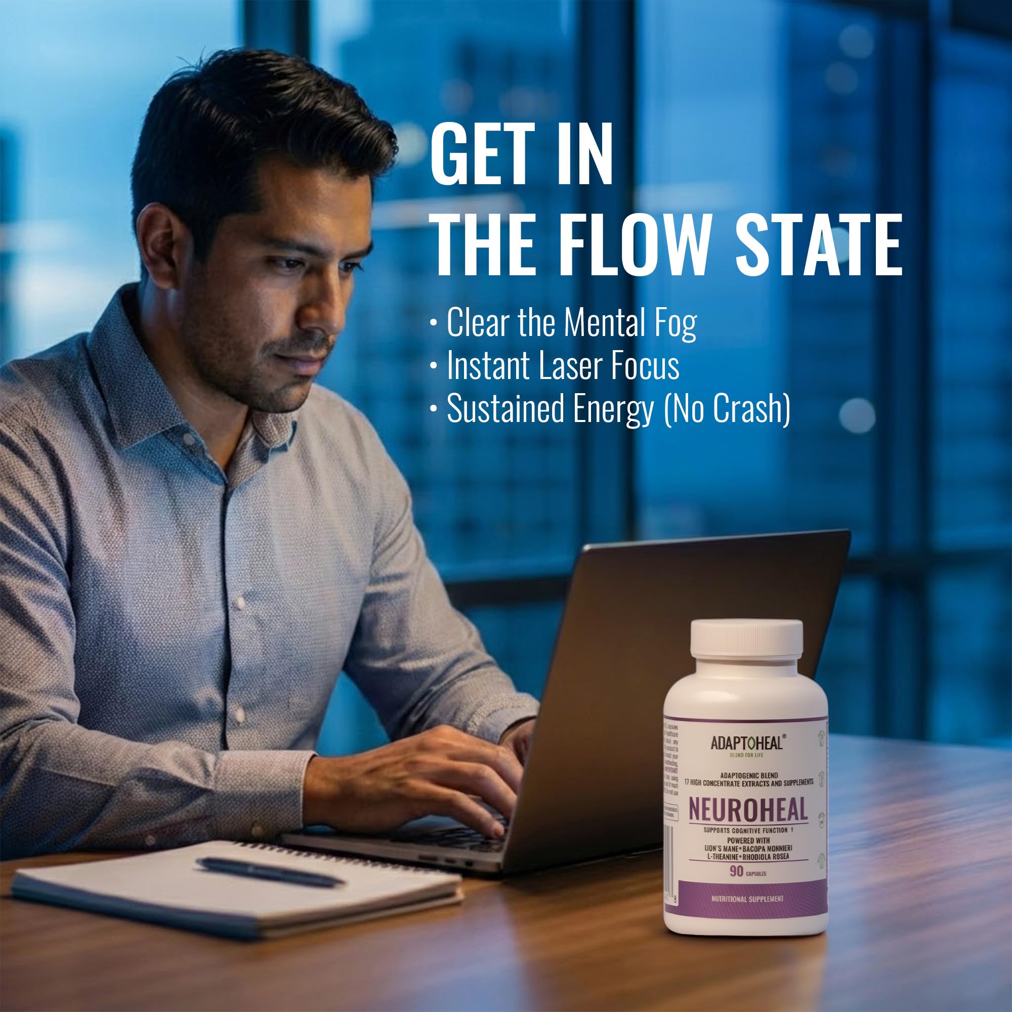 ADAPTOHEAL NeuroHeal en escritorio demostrando uso cotidiano y enfoque