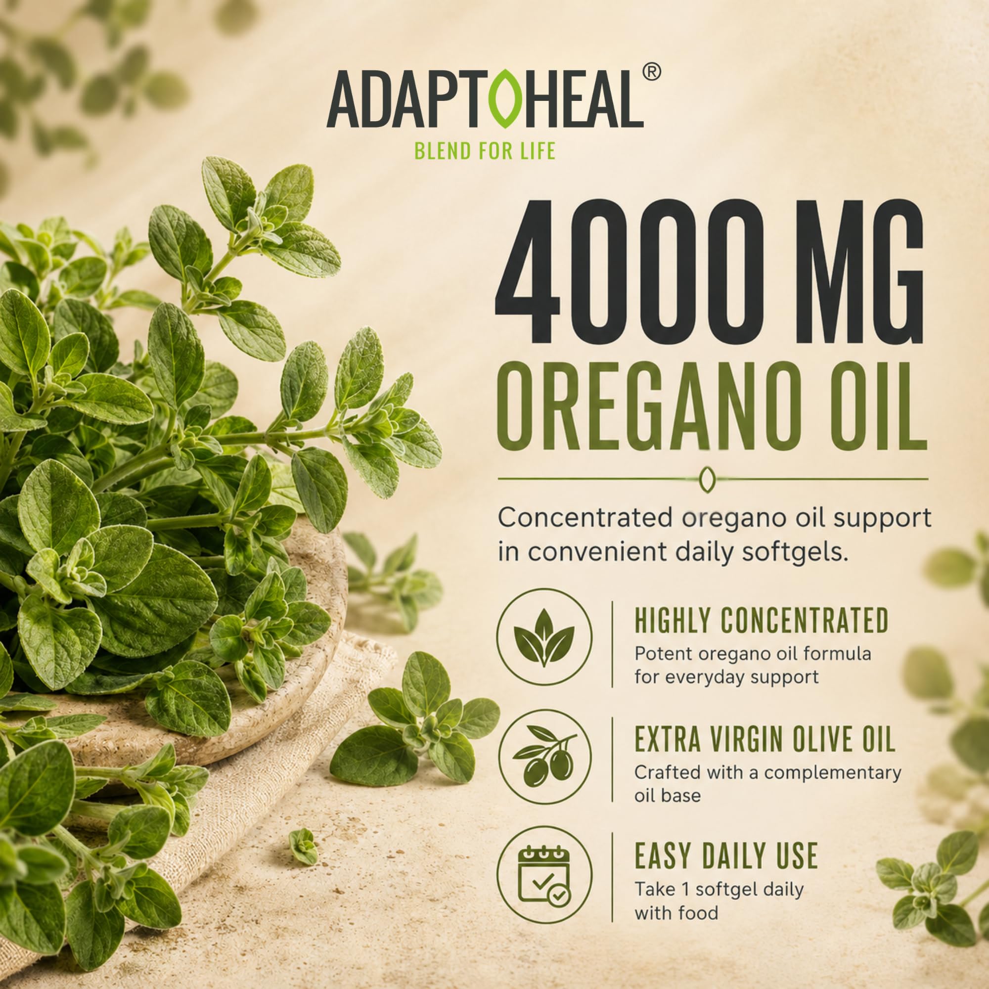 ADAPTOHEAL softgel sobre plato junto a comida indicando mejor absorción