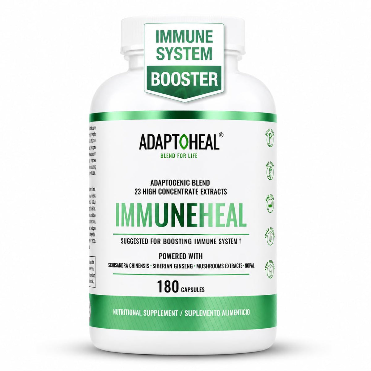 ADAPTOHEAL botella frontal mostrando 180 cápsulas y diseño renovado, ideal para apoyo diario