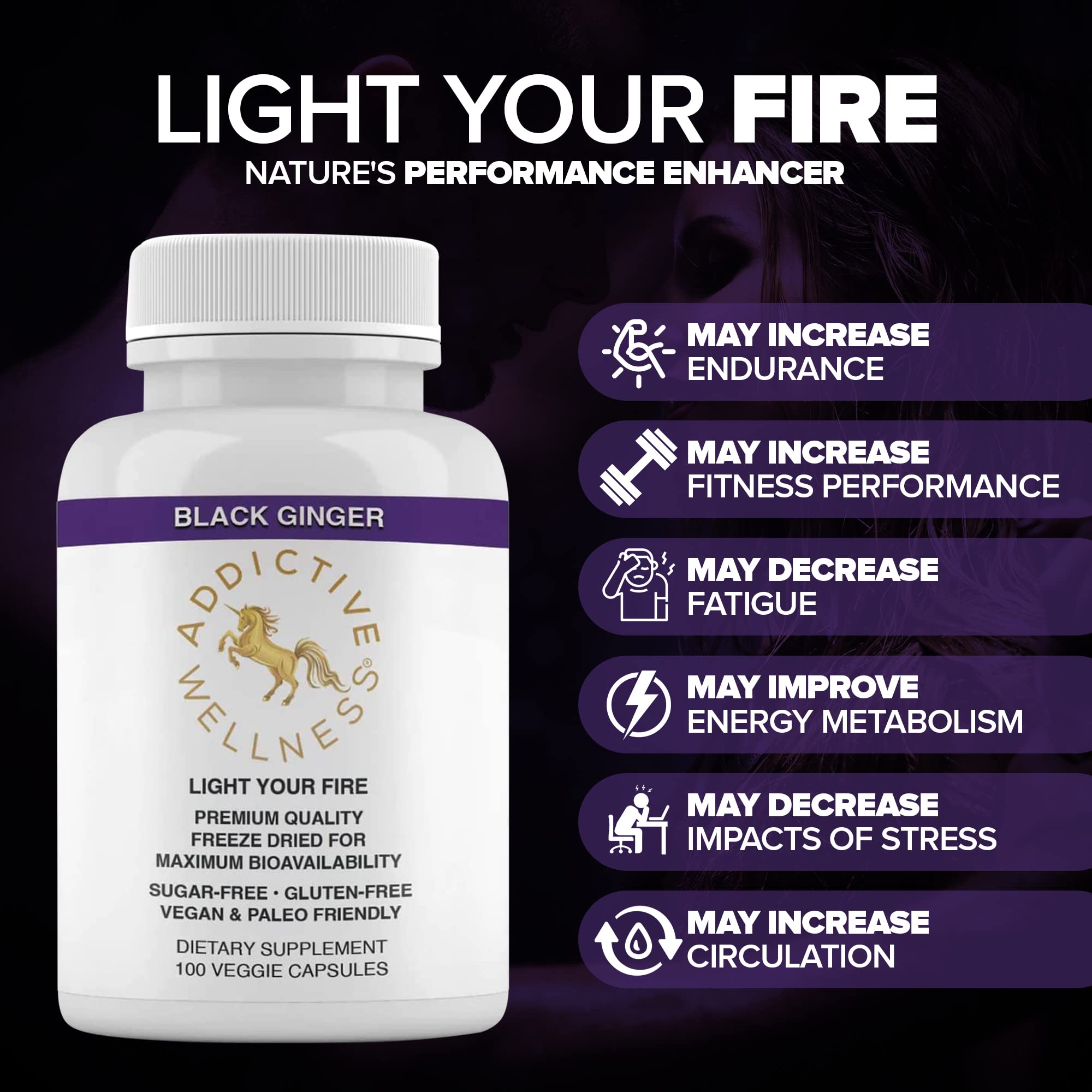 Addictive Wellness etiqueta principal en primer plano que destaca ingredientes y pureza