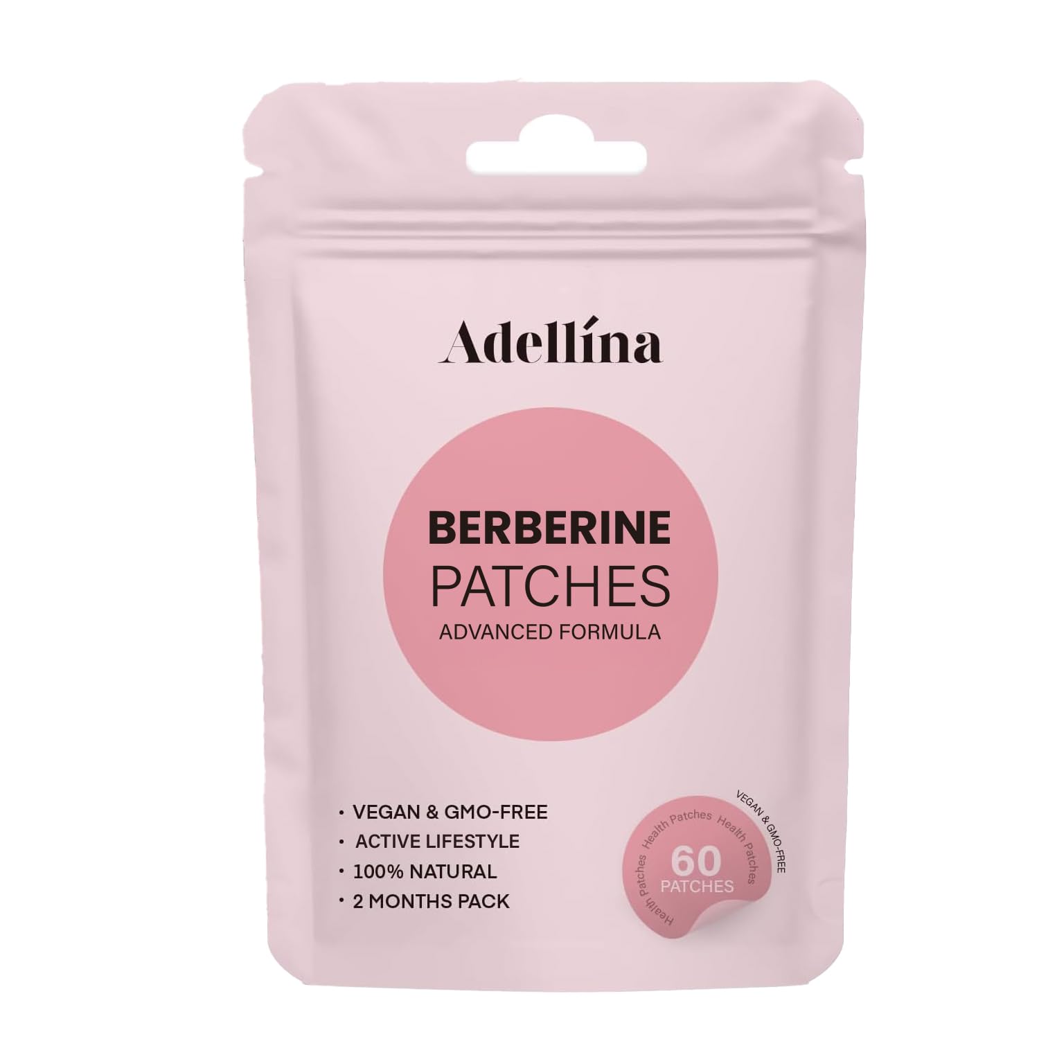 Adellina empaque frontal mostrando 60 parches y claridad del producto