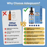Botella Adeqauom junto a una regla para comparar tamaño de 2 fl. oz, muestra escala real