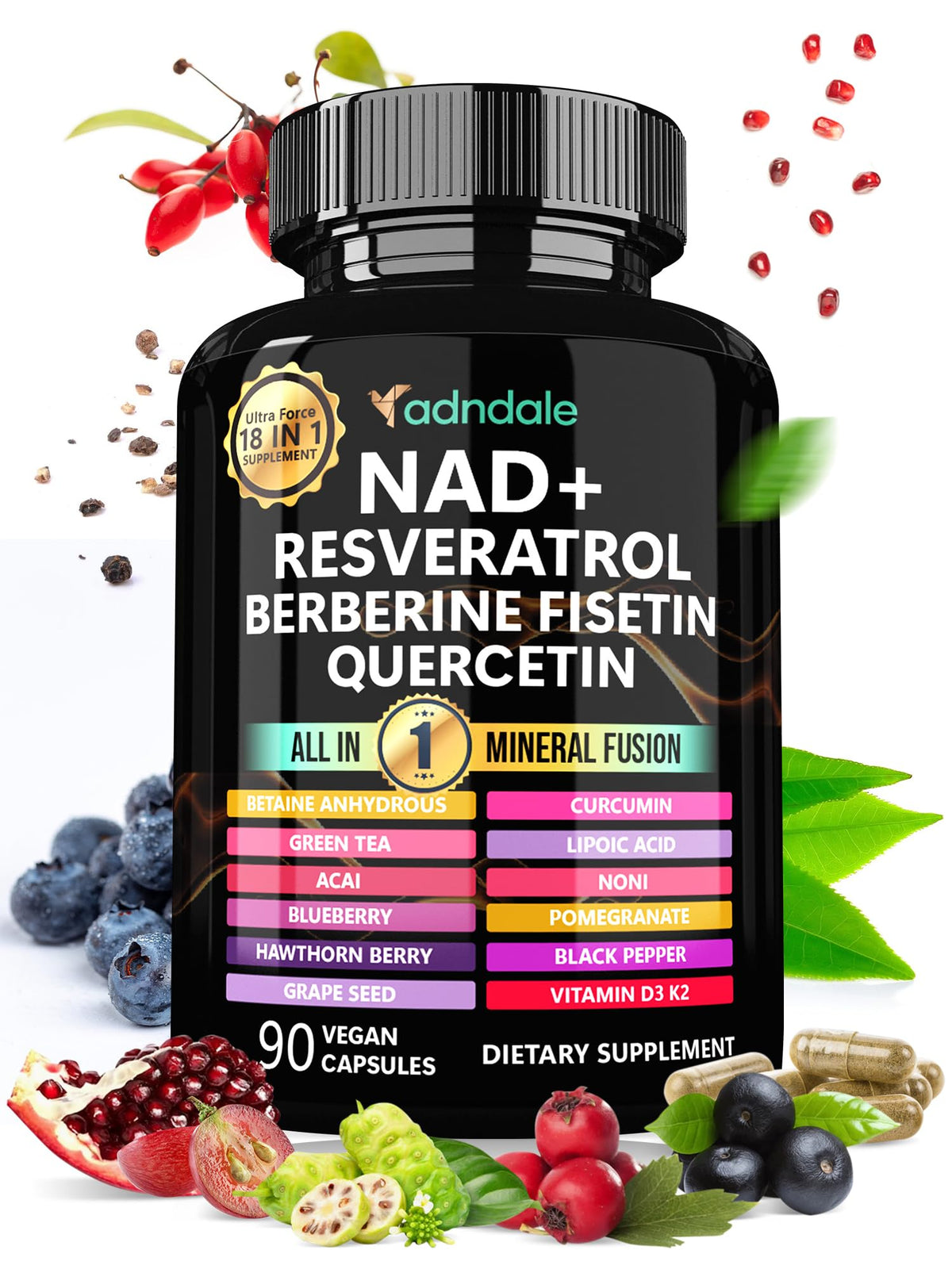 Adndale frasco frontal mostrando el envase y la fórmula 18 en 1