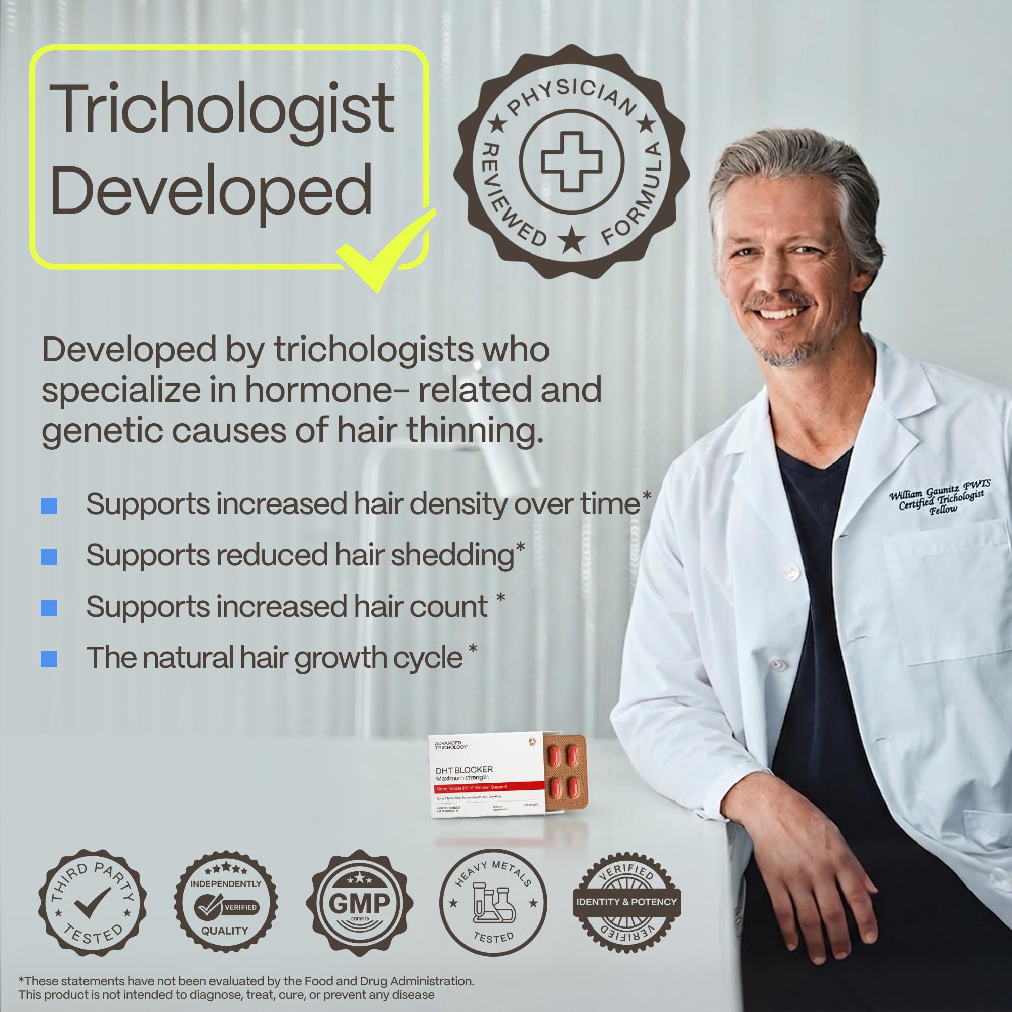 Advanced Trichology etiqueta con lista de ingredientes estandarizados y garantía de calidad