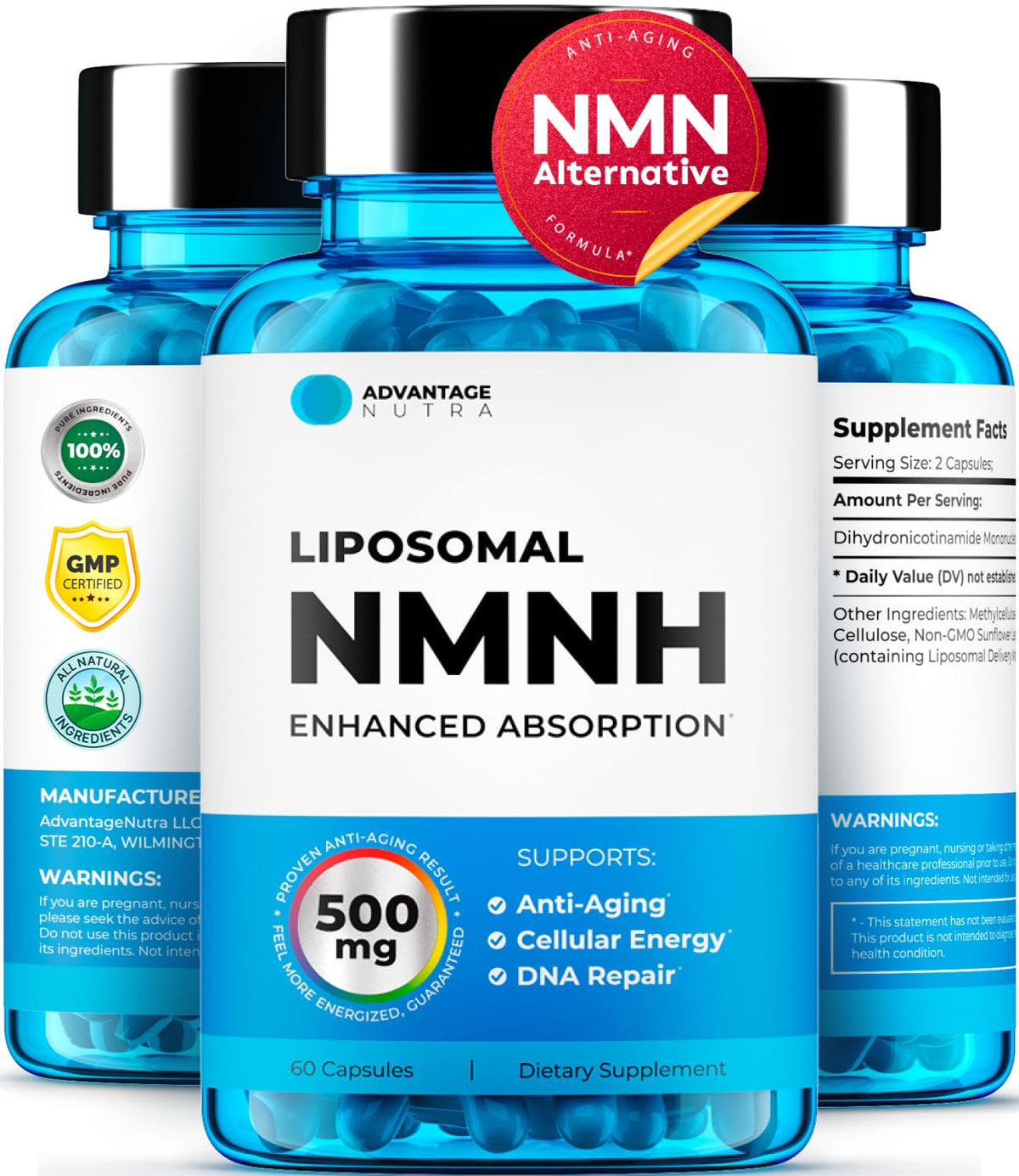 AdvantageNutra envase frontal mostrando NMNH 500 mg y beneficio energía