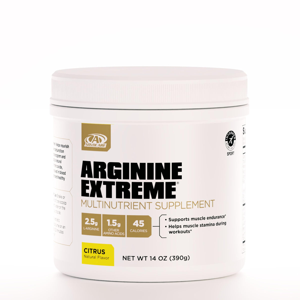 AdvoCare envase frontal del producto mostrando marca y sabor cítrico para confianza visual