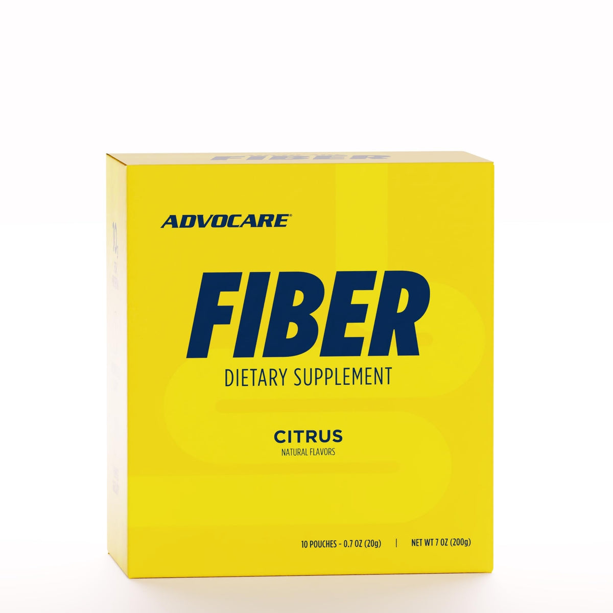 AdvoCare Fiber vista frontal del paquete cítrico con sobres, práctico para consumo diario