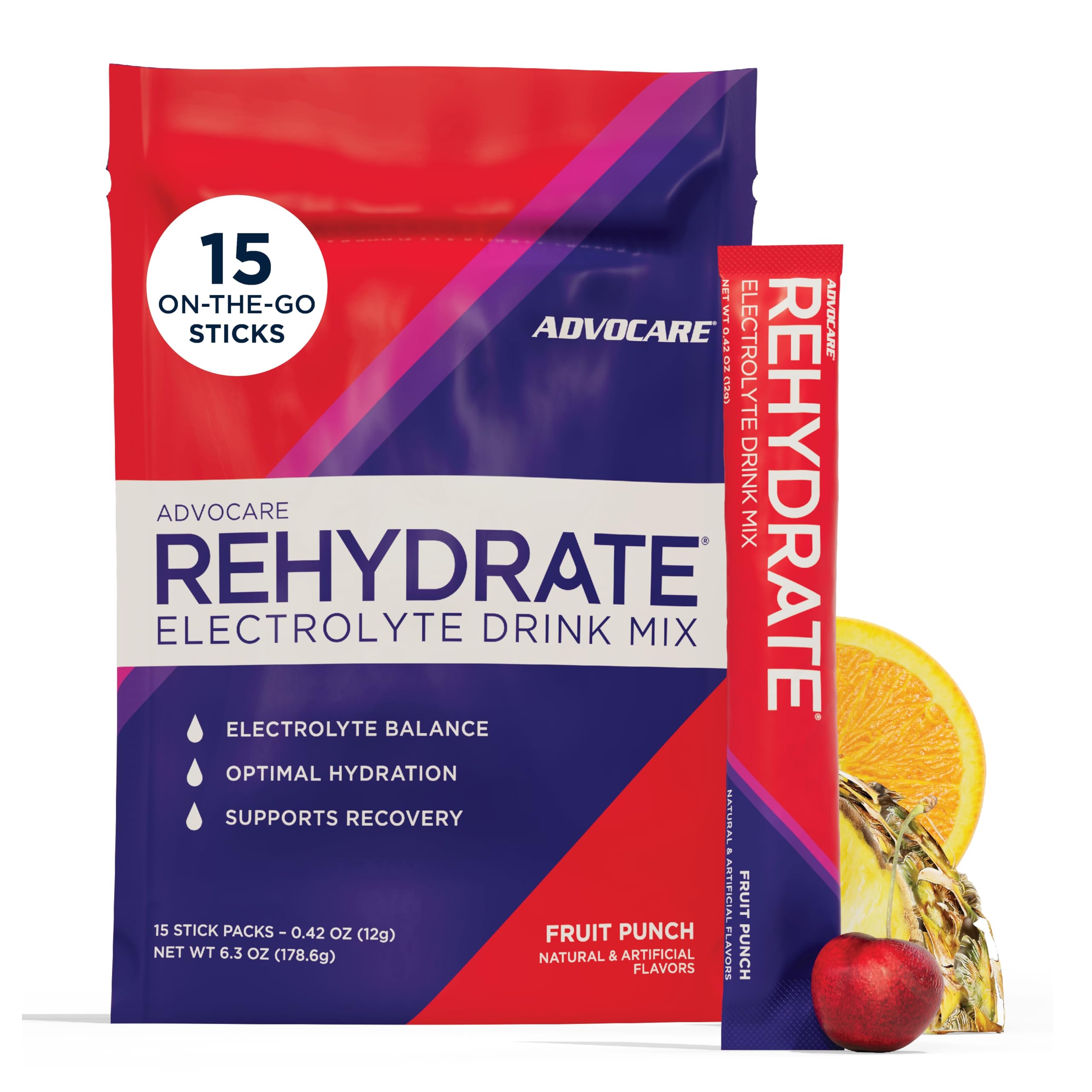 AdvoCare envase fruit punch mostrando presentación frontal y conveniencia