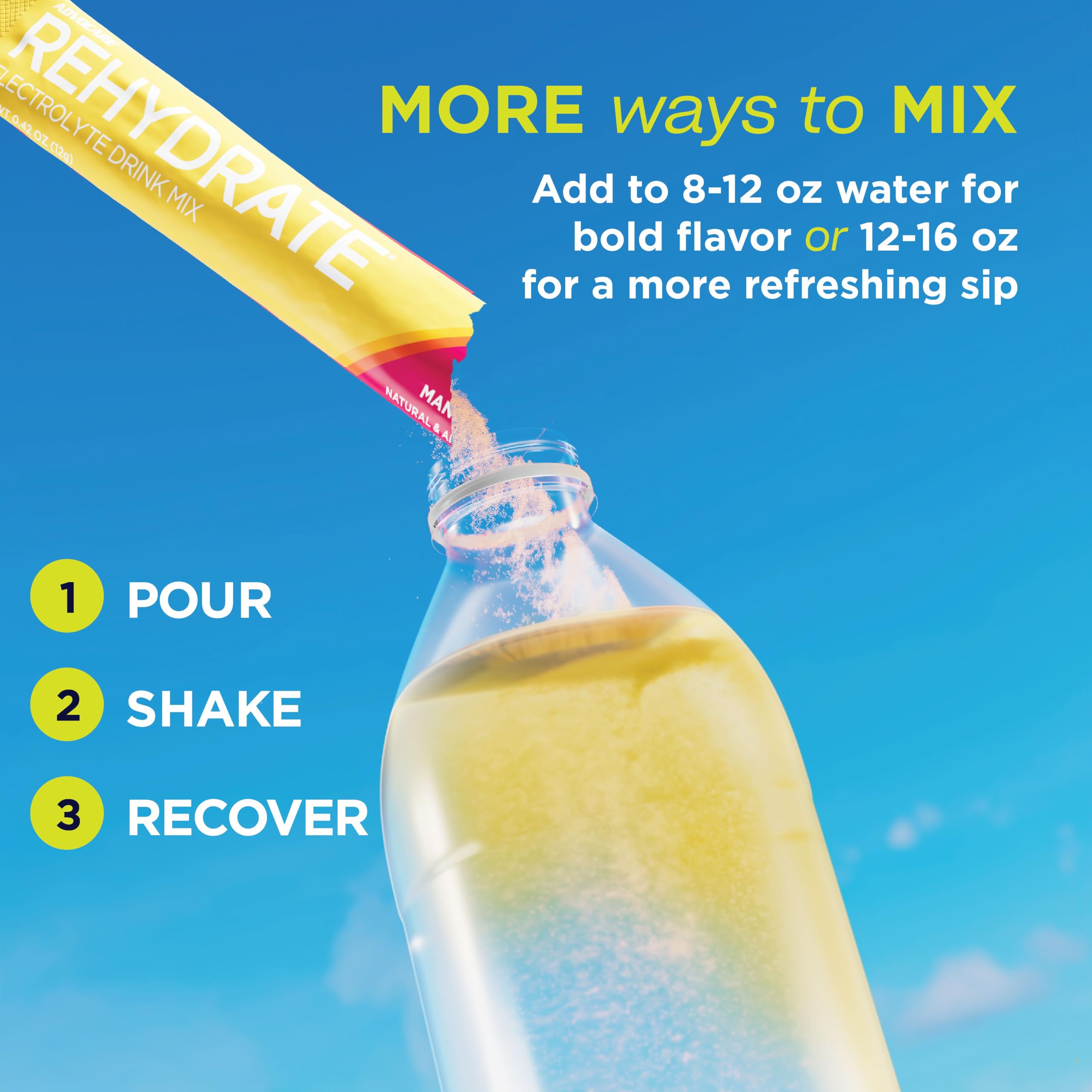 AdvoCare Rehydrate disuelto en vaso mostrando bebida clara y refrescante