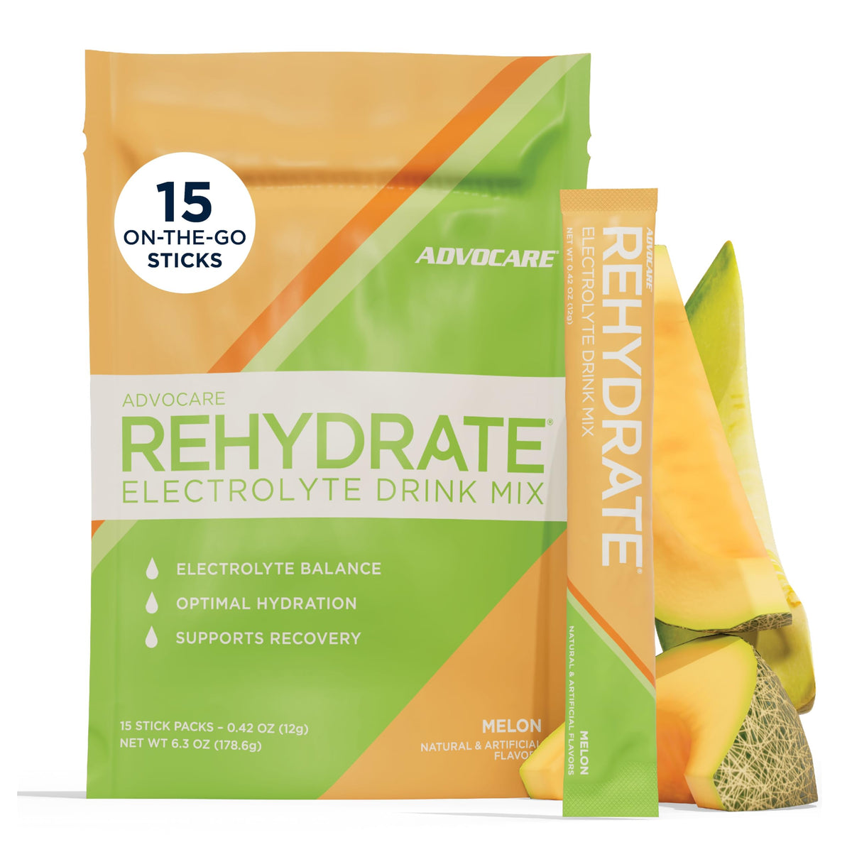 AdvoCare empaque frontal del producto mostrando 15 sobres y sabor melón