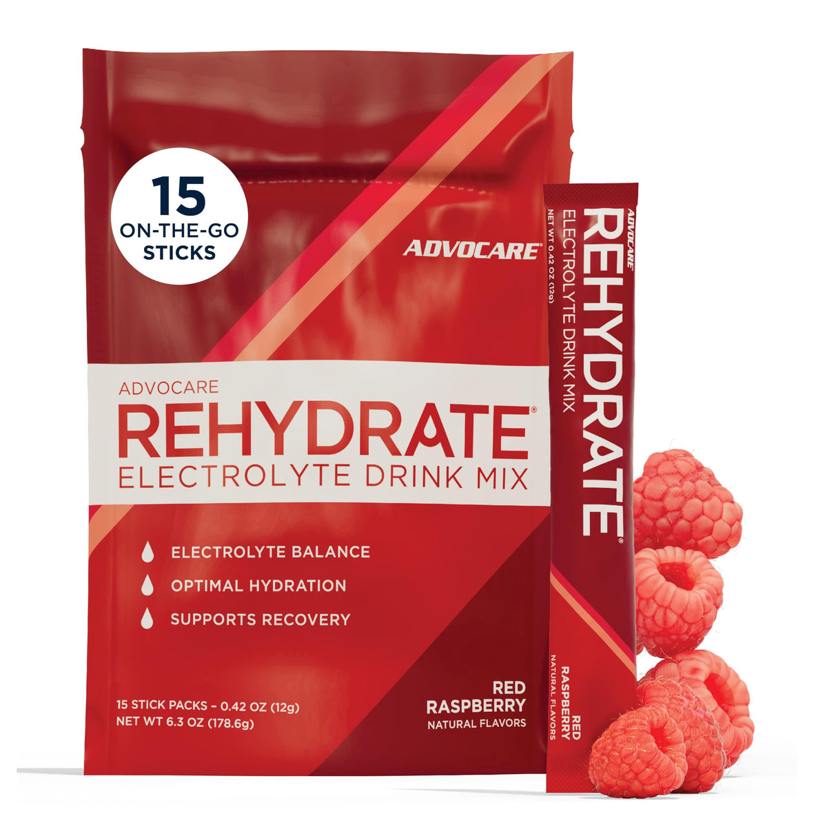 AdvoCare frasco frontal mostrando 15 sobres y beneficio hidratación rápida