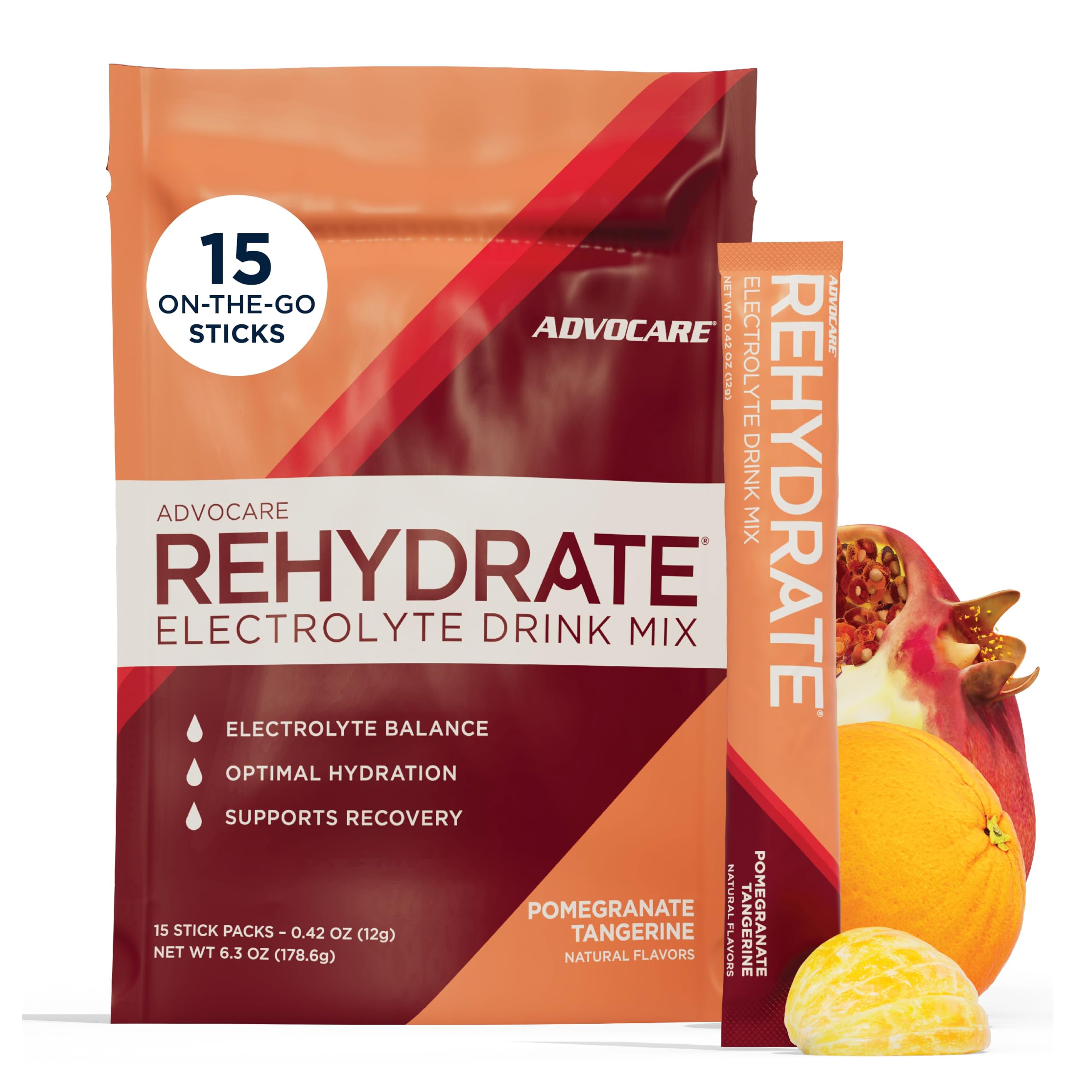 AdvoCare empaque frontal mostrando sabor Pomegranate Tangerine y beneficios