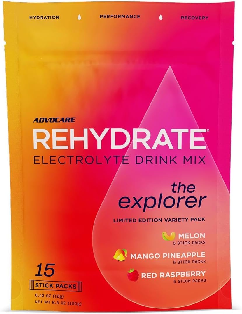 AdvoCare Rehydrate frente del paquete mostrando variedad de sticks y beneficios de hidratación