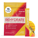 AdvoCare Rehydrate frente del paquete destaca electrolitos y sabor mango piña