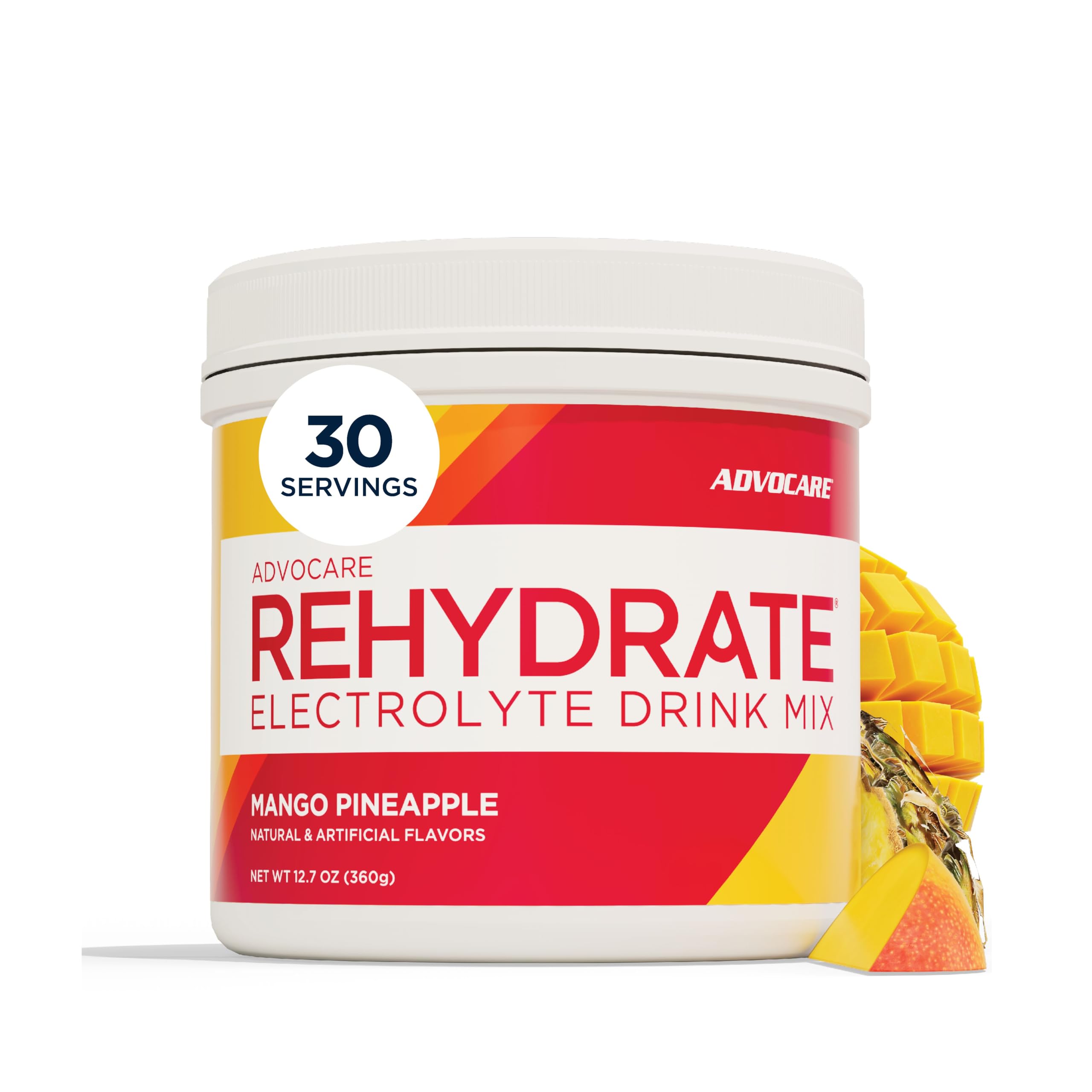 AdvoCare envase frontal mostrando etiqueta y sabor Mango Piña para identificación rápida