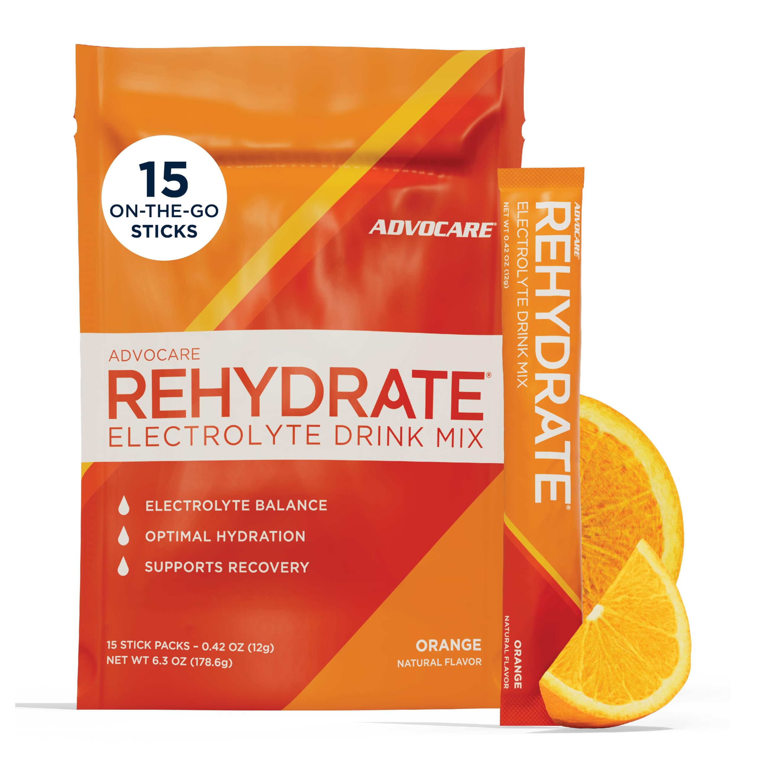 AdvoCare Rehydrate frente del envase mostrando 15 sobres y sabor naranja, práctico para llevar