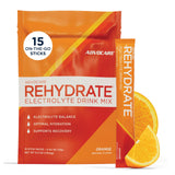 AdvoCare Rehydrate frente del envase mostrando 15 sobres y sabor naranja, práctico para llevar
