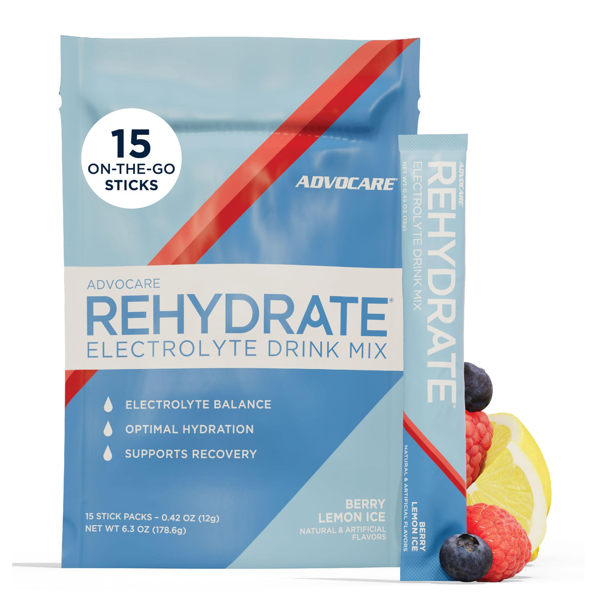 AdvoCare Rehydrate vista frontal del empaque mostrando sobres y marca, conveniencia portátil
