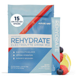AdvoCare Rehydrate vista frontal del empaque mostrando sobres y marca, conveniencia portátil
