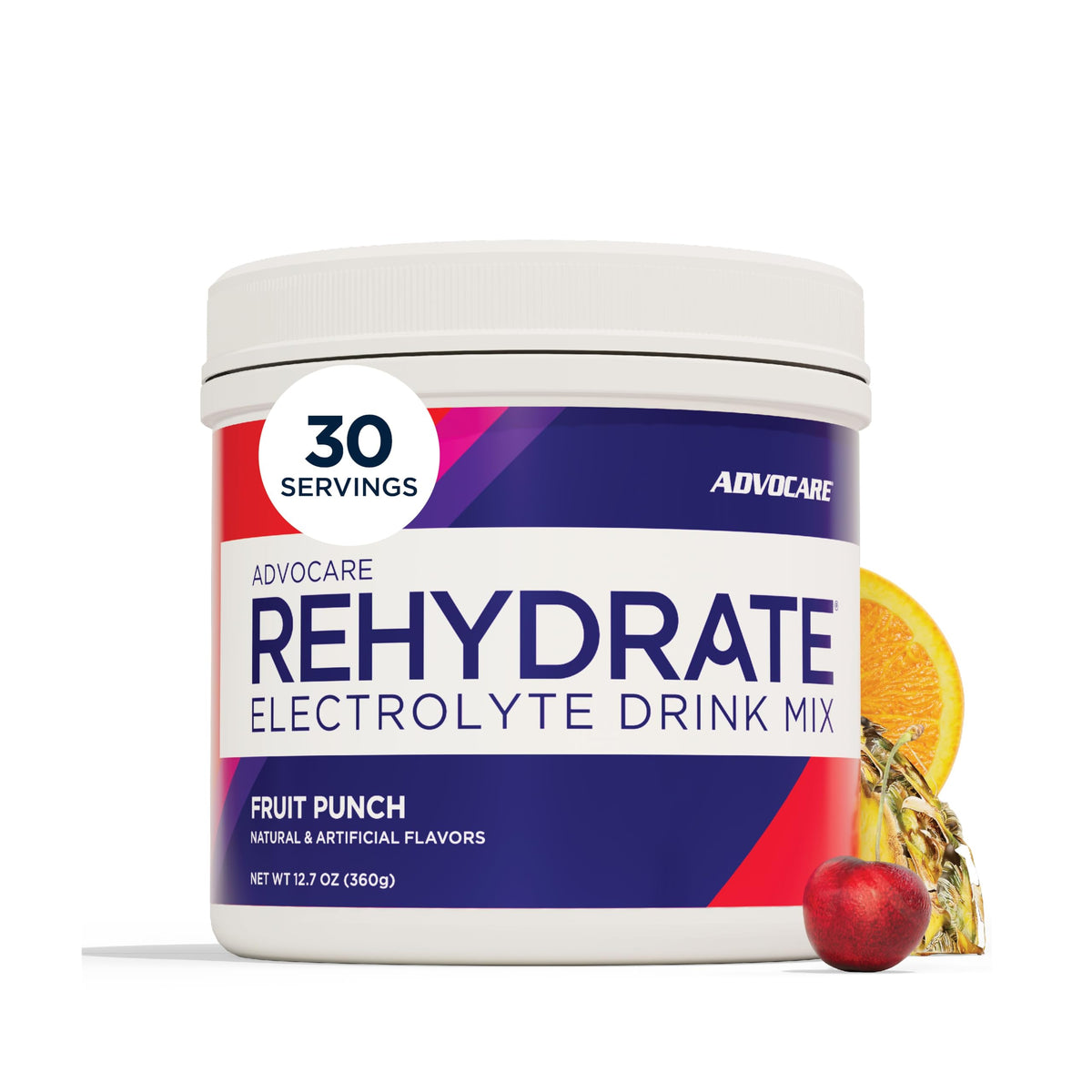 AdvoCare Rehydrate envase frontal mostrando el diseño y beneficio de hidratación clara