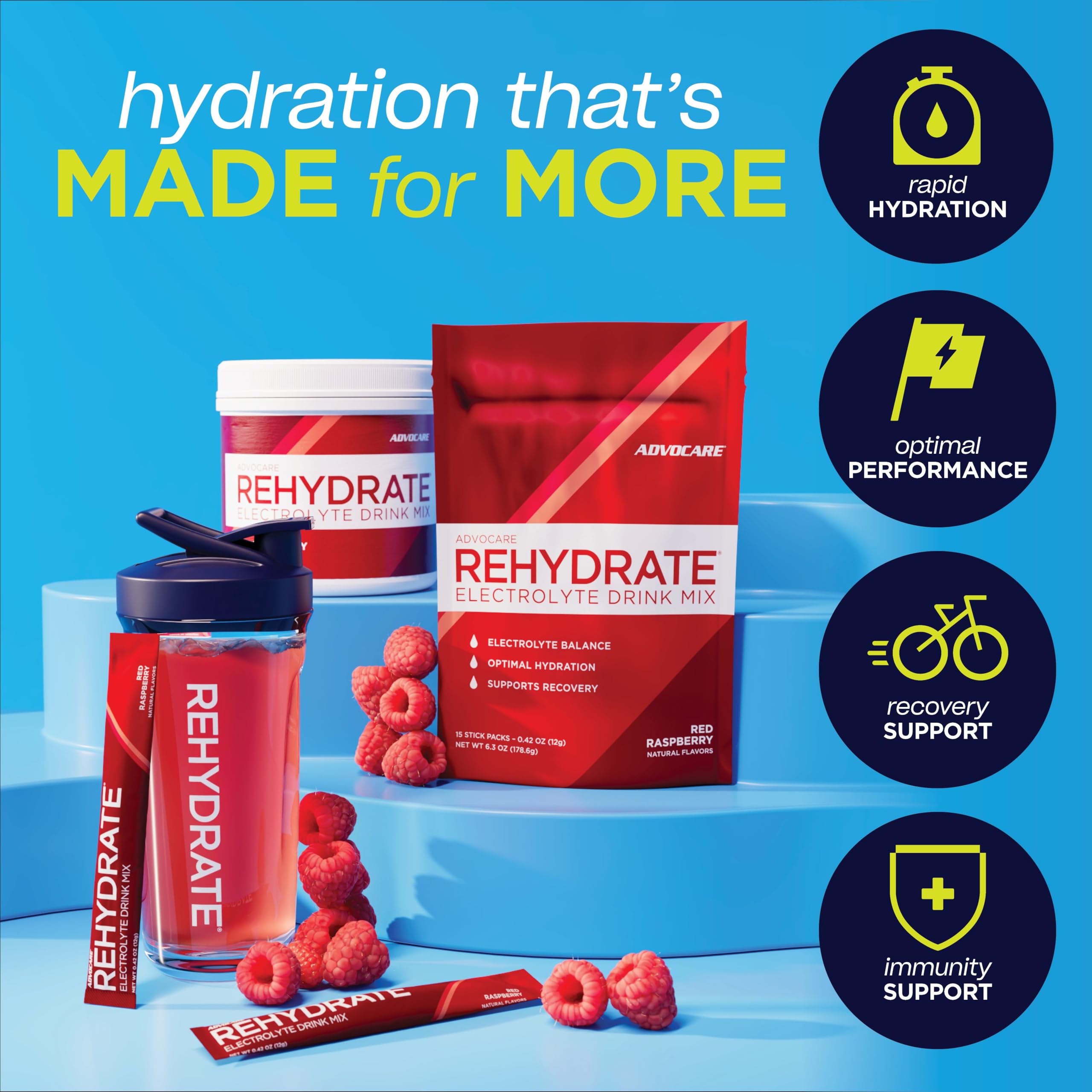 AdvoCare Rehydrate vaso preparado color frambuesa listo para beber tras ejercicio