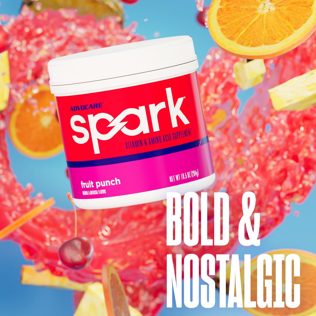 AdvoCare Spark tarro en mano para comparar tamaño, formato compacto y transportable