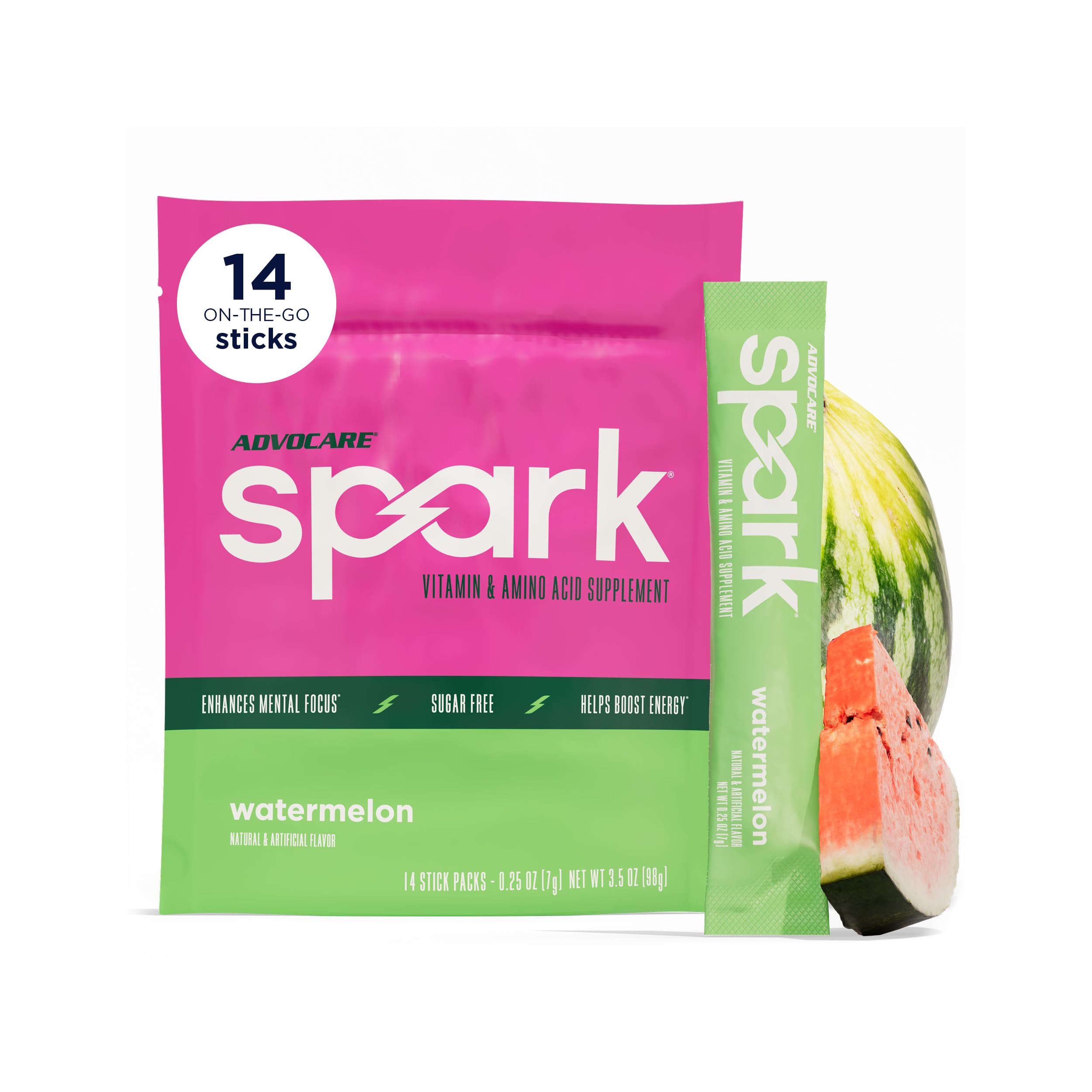 AdvoCare Spark frente del empaque mostrando sobres y beneficio portátil
