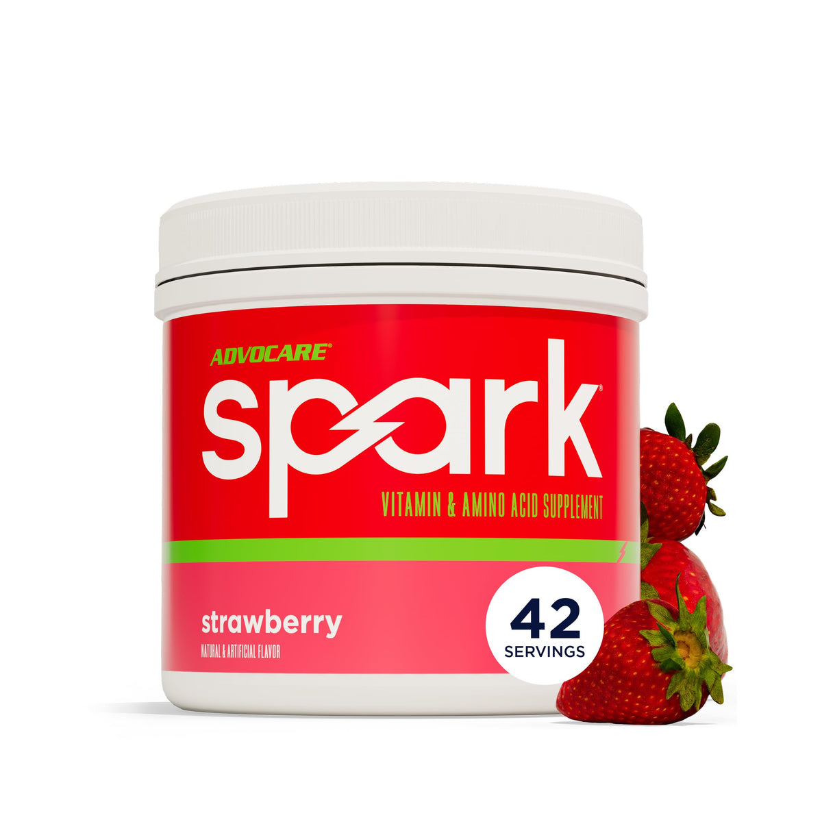 Envase AdvoCare Spark fresa mostrando diseño y porciones claras