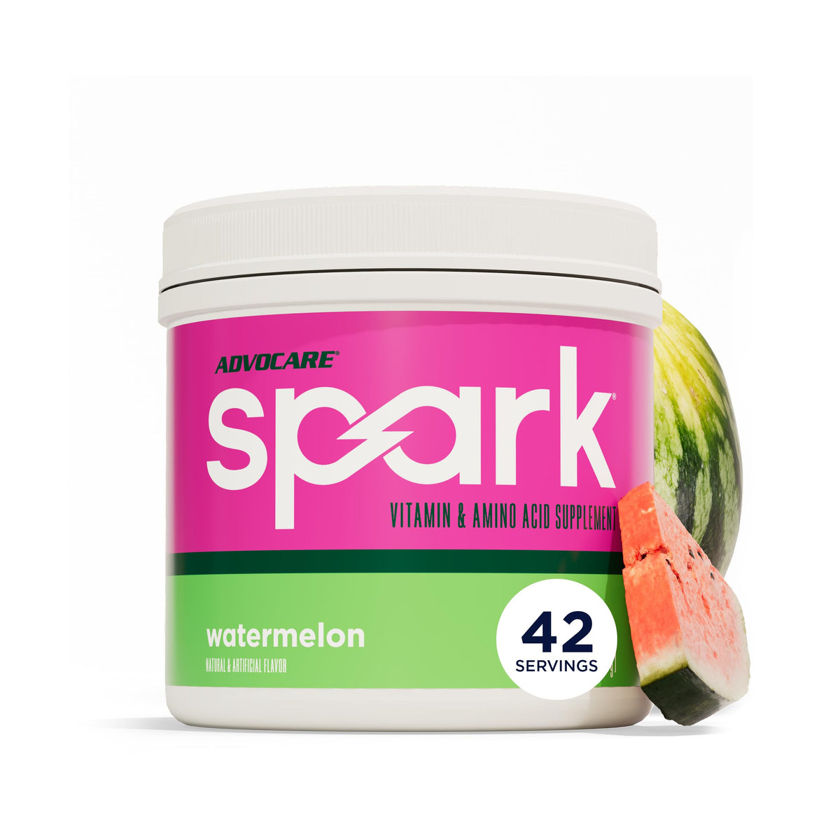 AdvoCare Spark envase frontal sabor sandía mostrando diseño y porciones