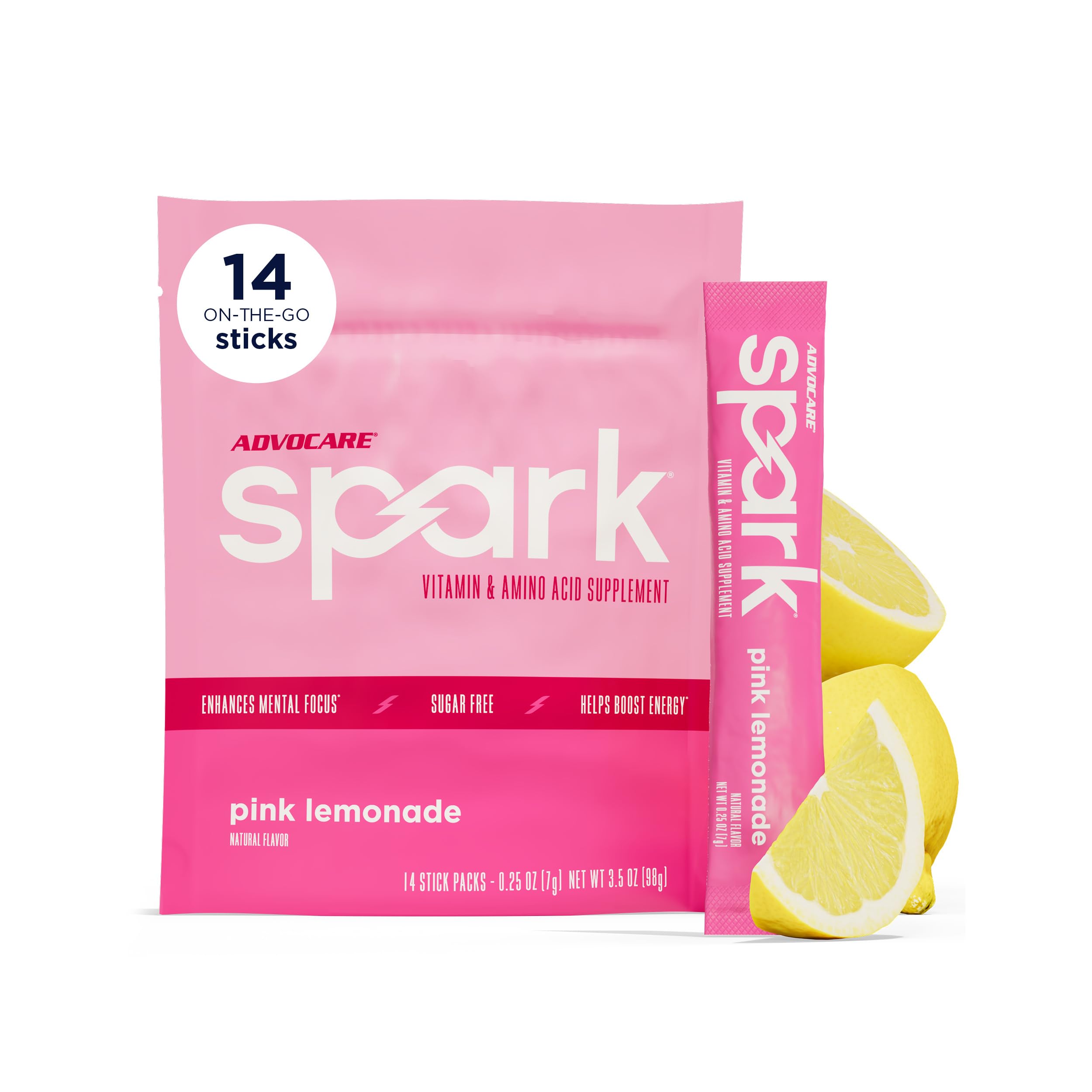 AdvoCare Spark frontal del empaque mostrando 14 stick packs y beneficios