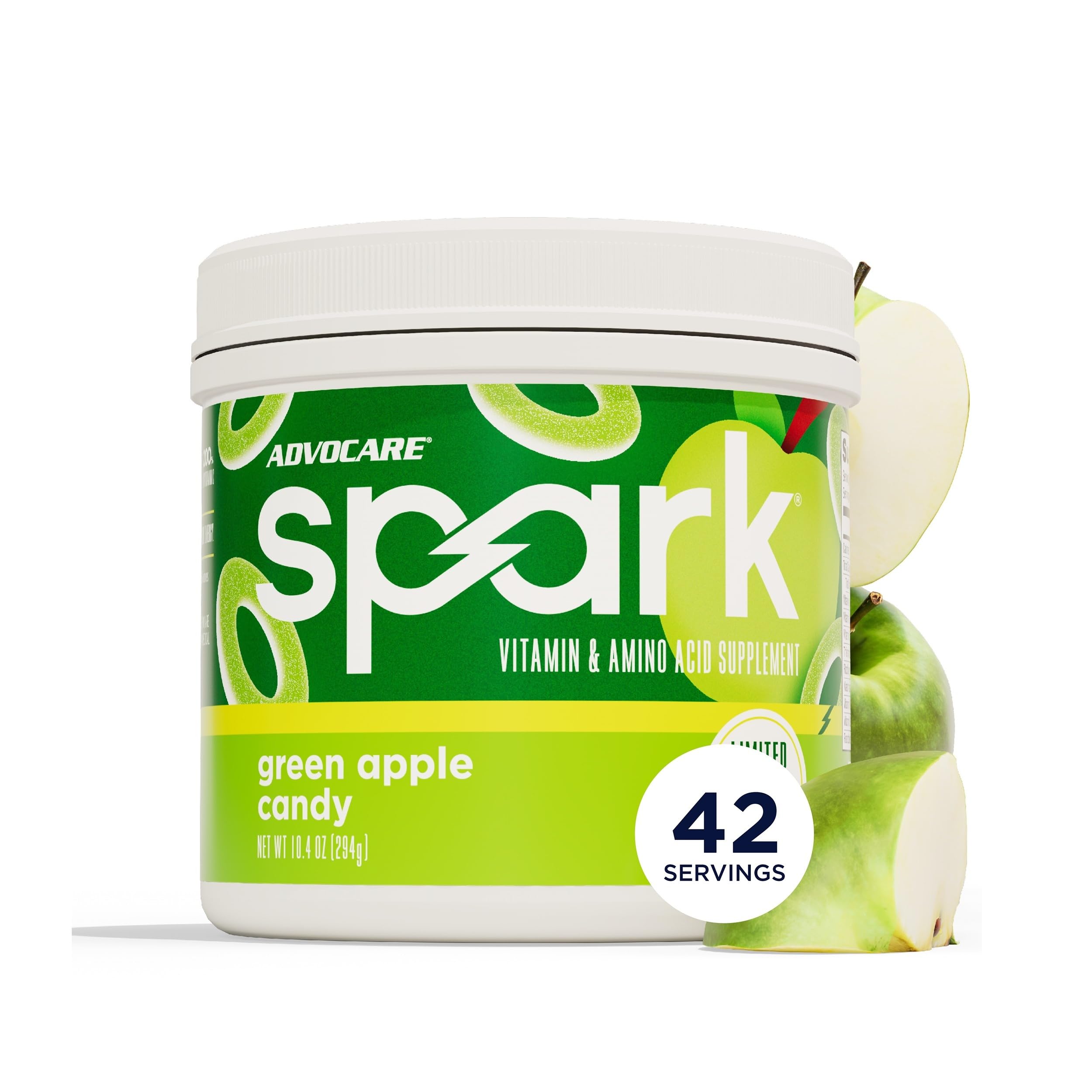 AdvoCare Spark frontal del envase mostrando sabor Green Apple Candy y porciones