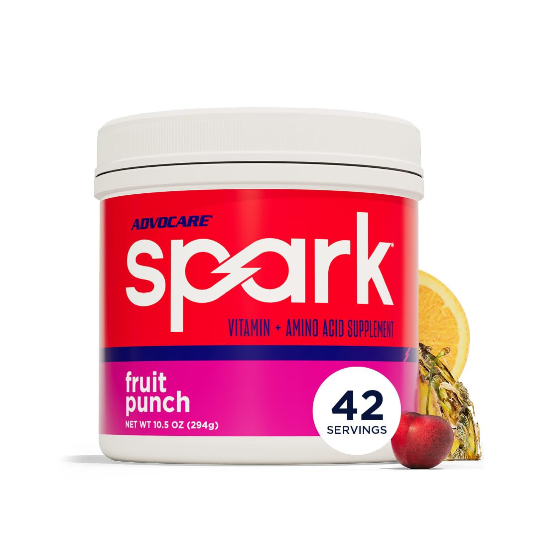 AdvoCare Spark tarro frontal mostrando diseño y porciones, práctico y portable
