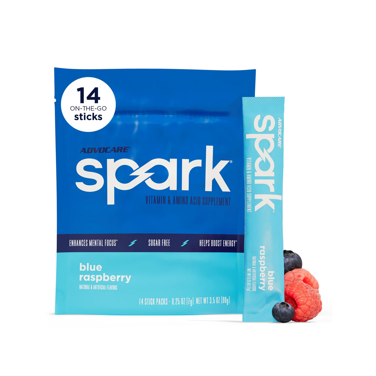 AdvoCare Spark frente del paquete mostrando 14 sticks y diseño azul, fácil transporte