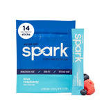 AdvoCare Spark frente del paquete mostrando 14 sticks y diseño azul, fácil transporte