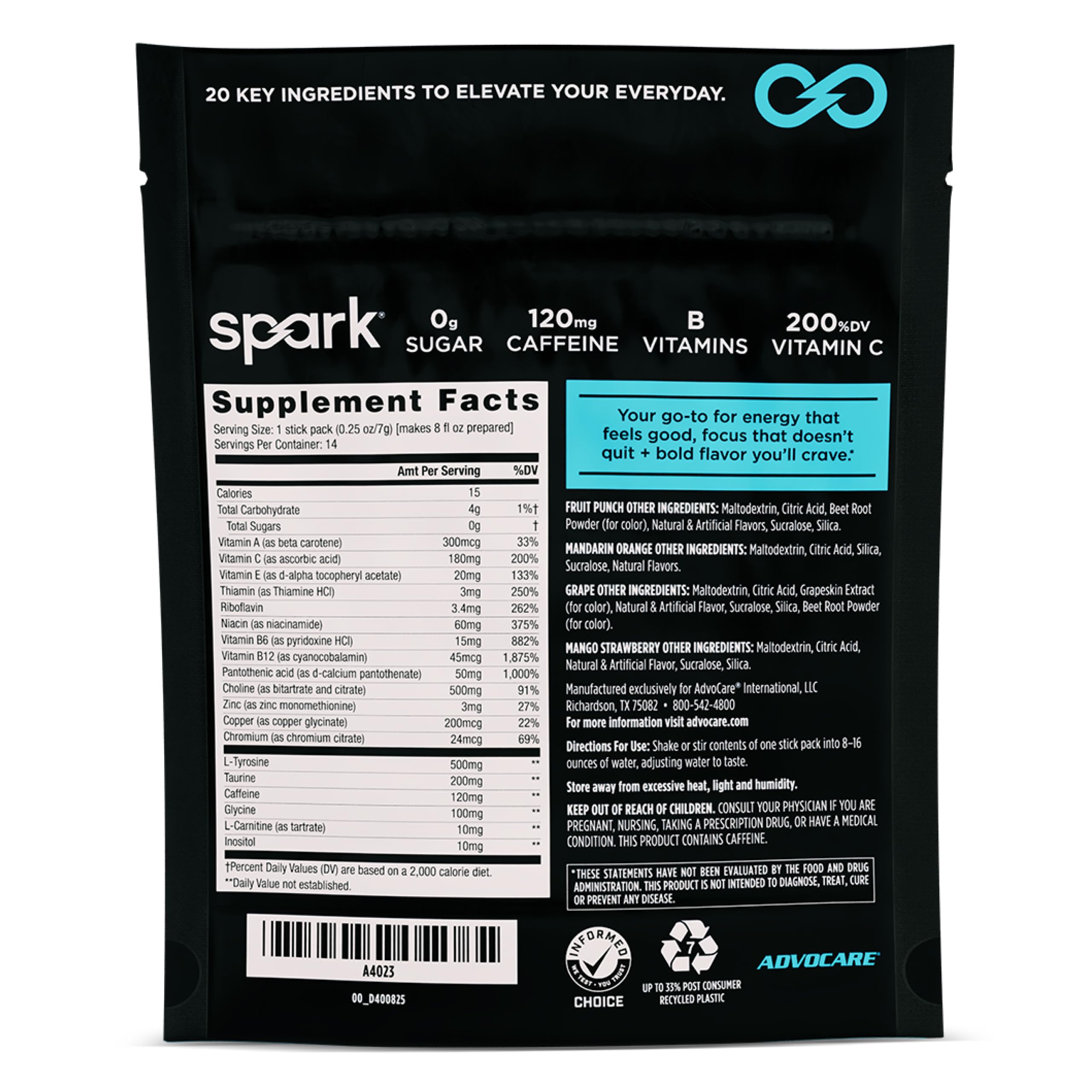 AdvoCare Spark sobre abierto con polvo visible; mezcla instantánea y limpia