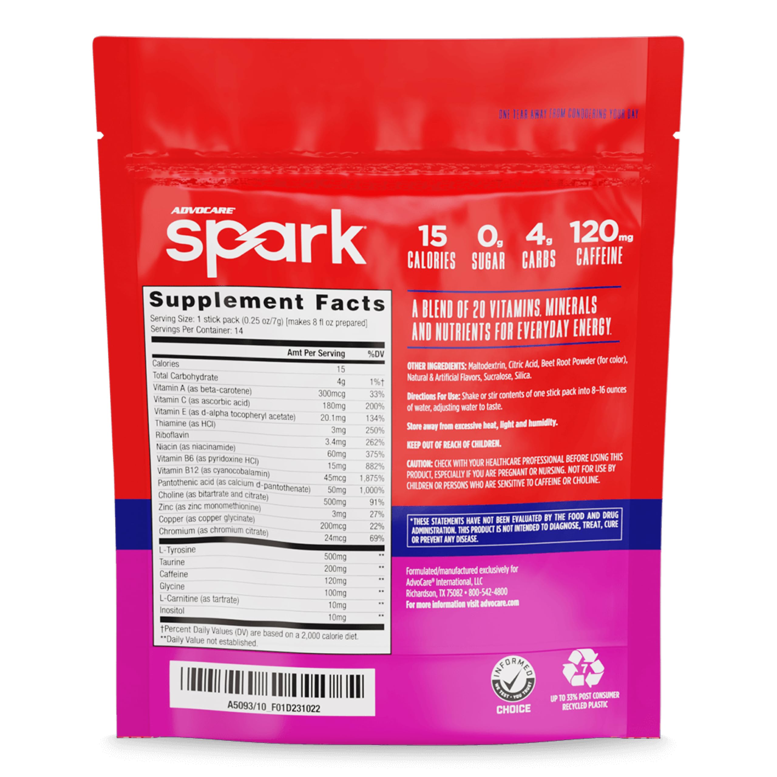 AdvoCare Spark sobre individual abierto destacando formato portátil y práctico