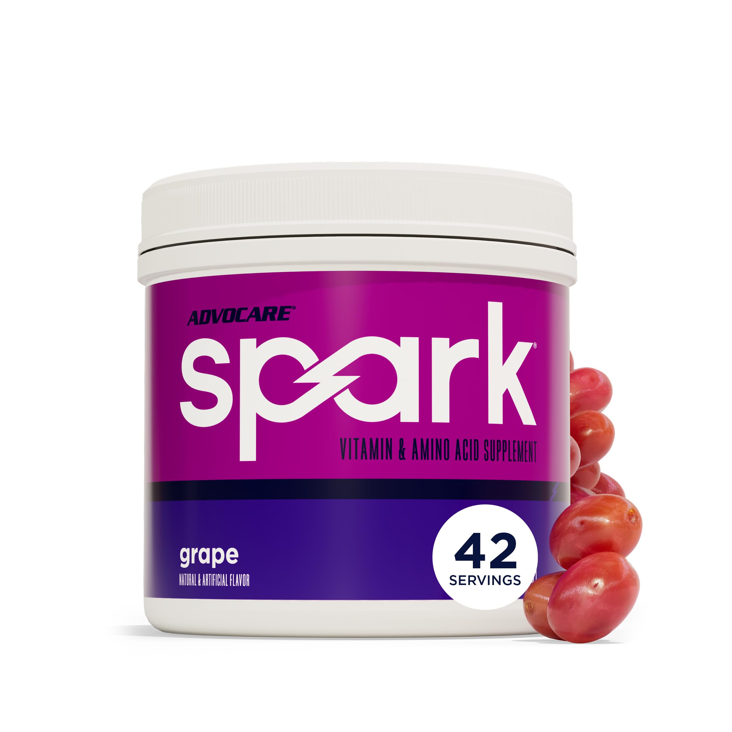 AdvoCare Spark frente del envase en sabor uva con diseño y beneficios visibles