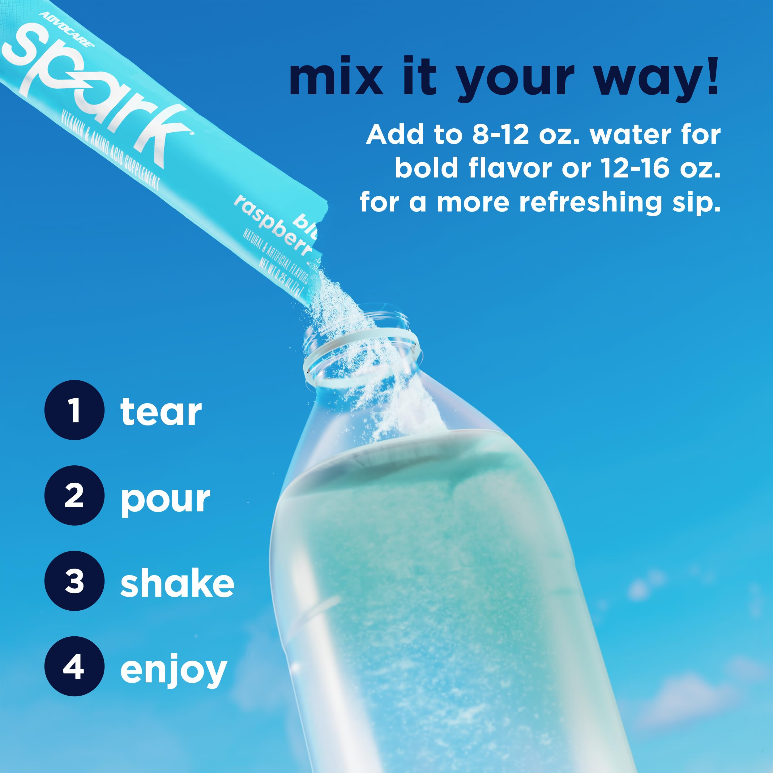 AdvoCare Spark vaso con bebida azul preparada, hidratación y energía inmediata