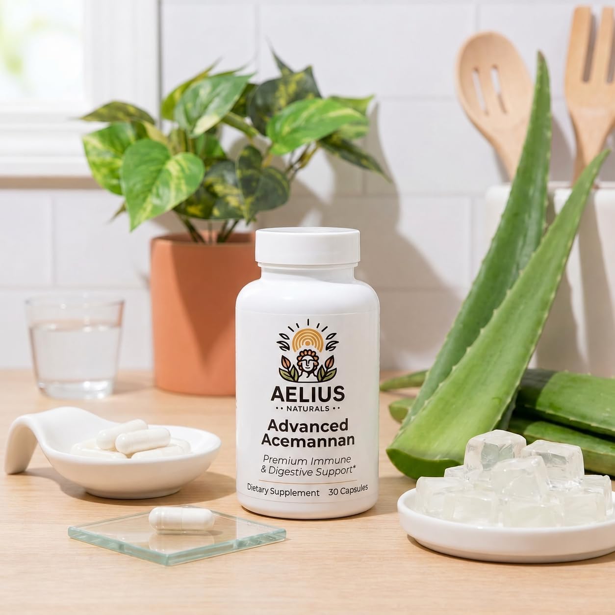 Aelius Naturals cápsulas junto a vaso de agua, uso diario conveniente