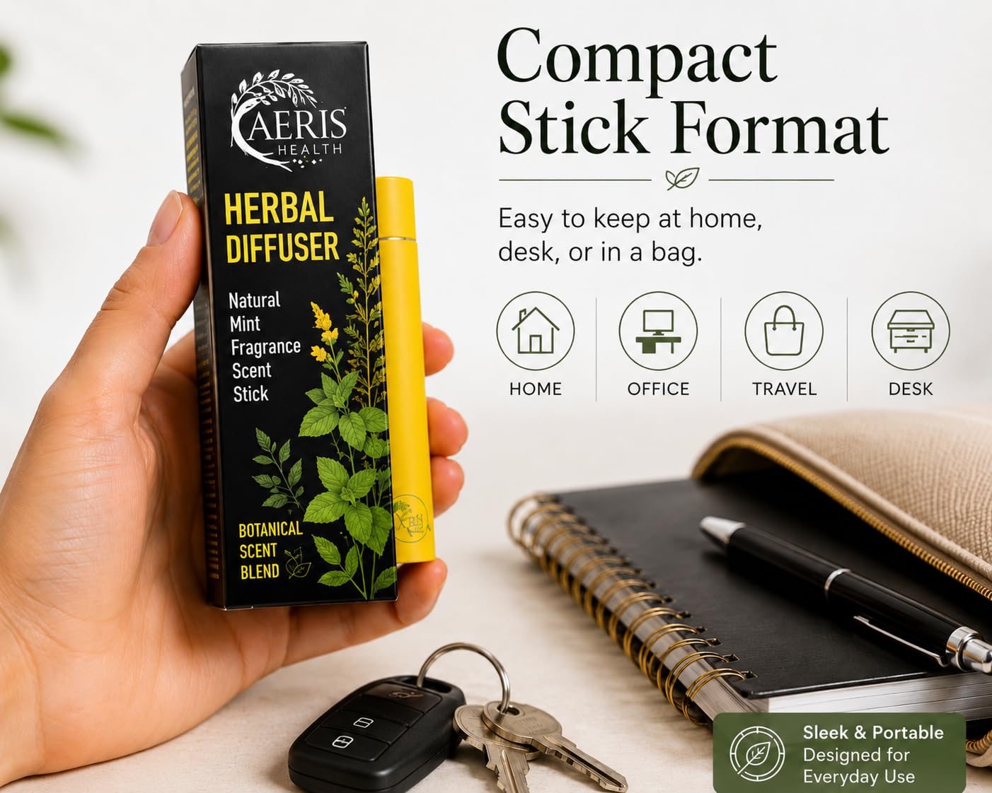 Aeris Health stick junto a objetos comunes para comparar su tamaño compacto