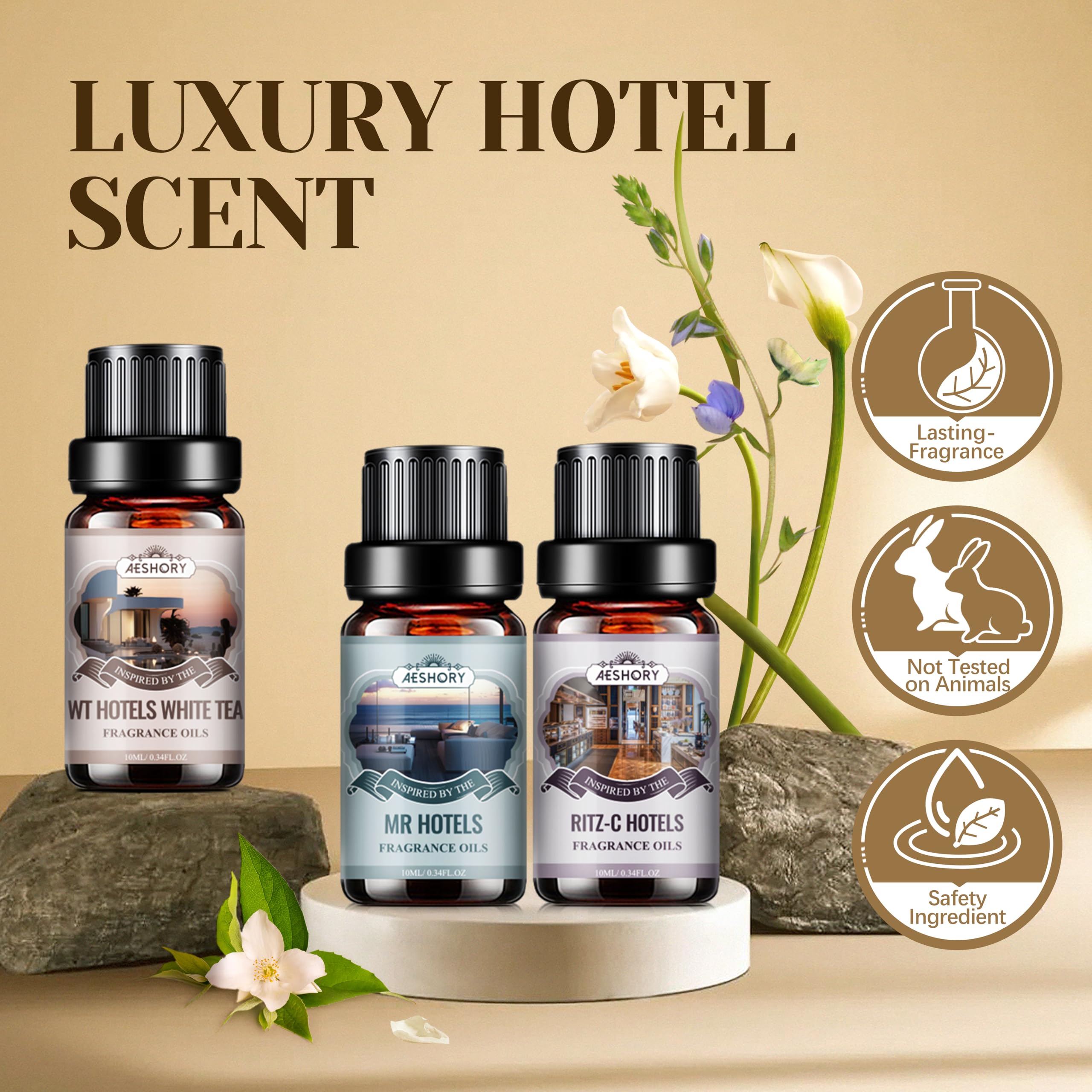Aeshory detalle de frascos mostrando etiquetas de HT Hotels y White Tea, facilita elección rápida
