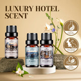 Aeshory detalle de frascos mostrando etiquetas de HT Hotels y White Tea, facilita elección rápida