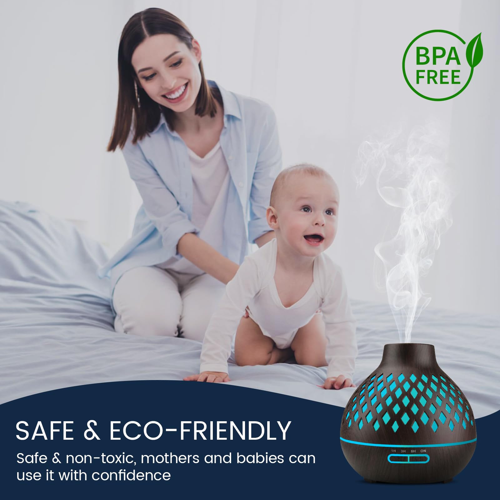 Aeshory difusor emitiendo niebla fría continua, dispersa aroma sin calor