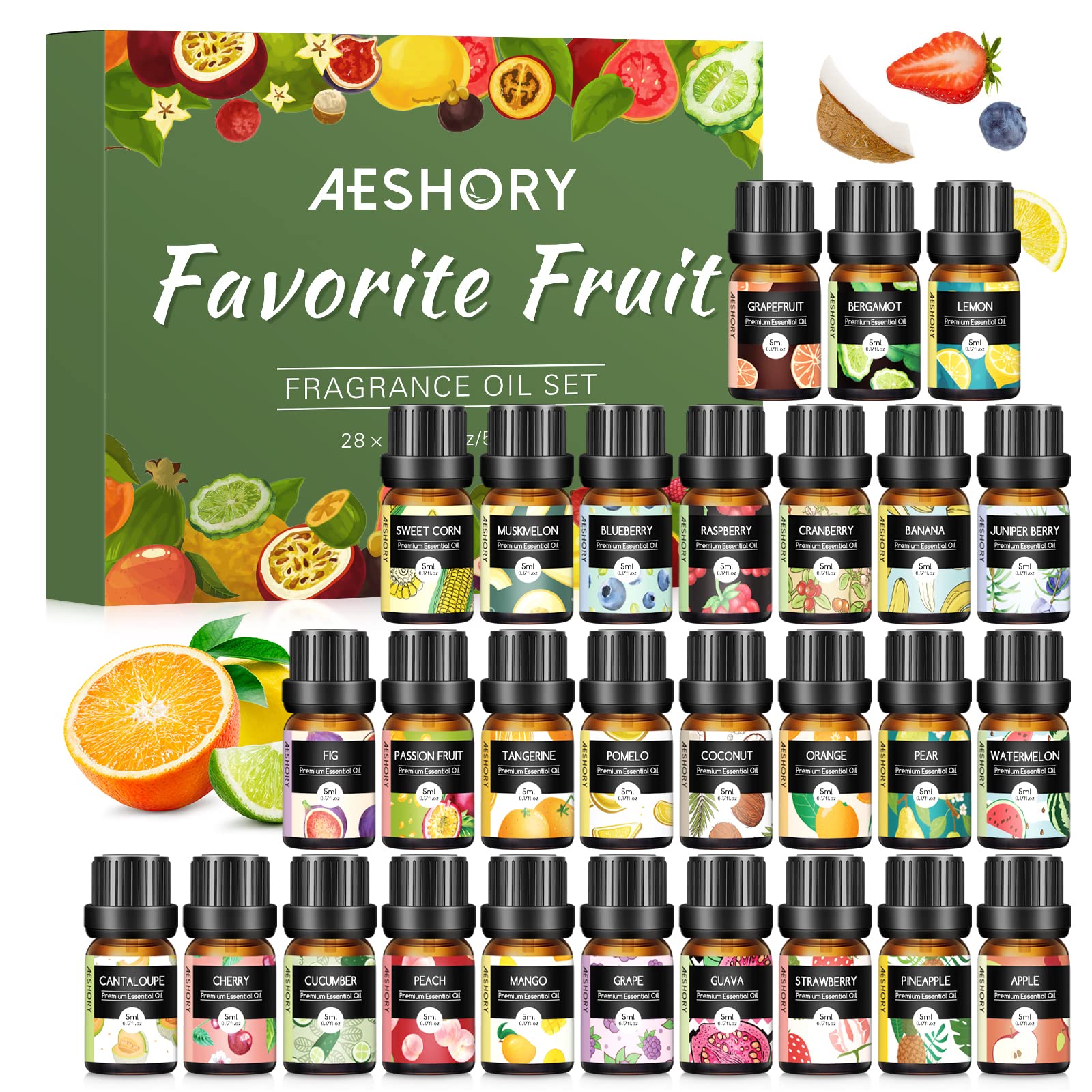 Aeshory estuche de 28 fragancias frutales mostrando frascos ordenados para inspiración