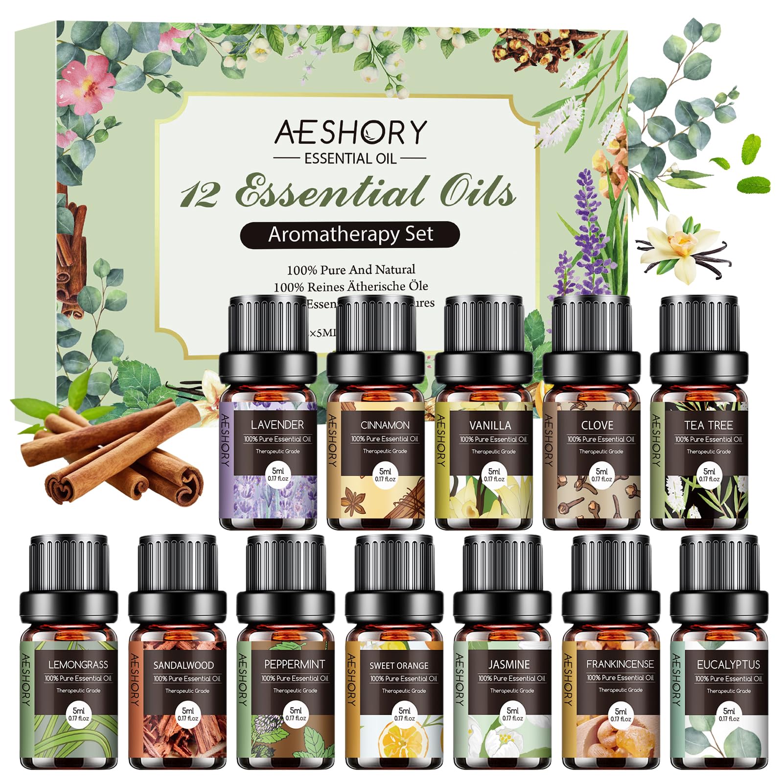 Aeshory set frontal con 12 botellas mostrando variedad y organización