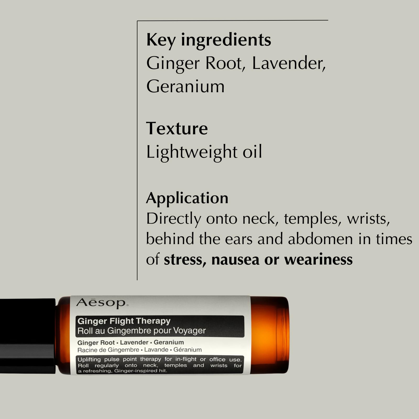Aesop roll-on en mano durante aplicación, demuestra uso fácil y portátil