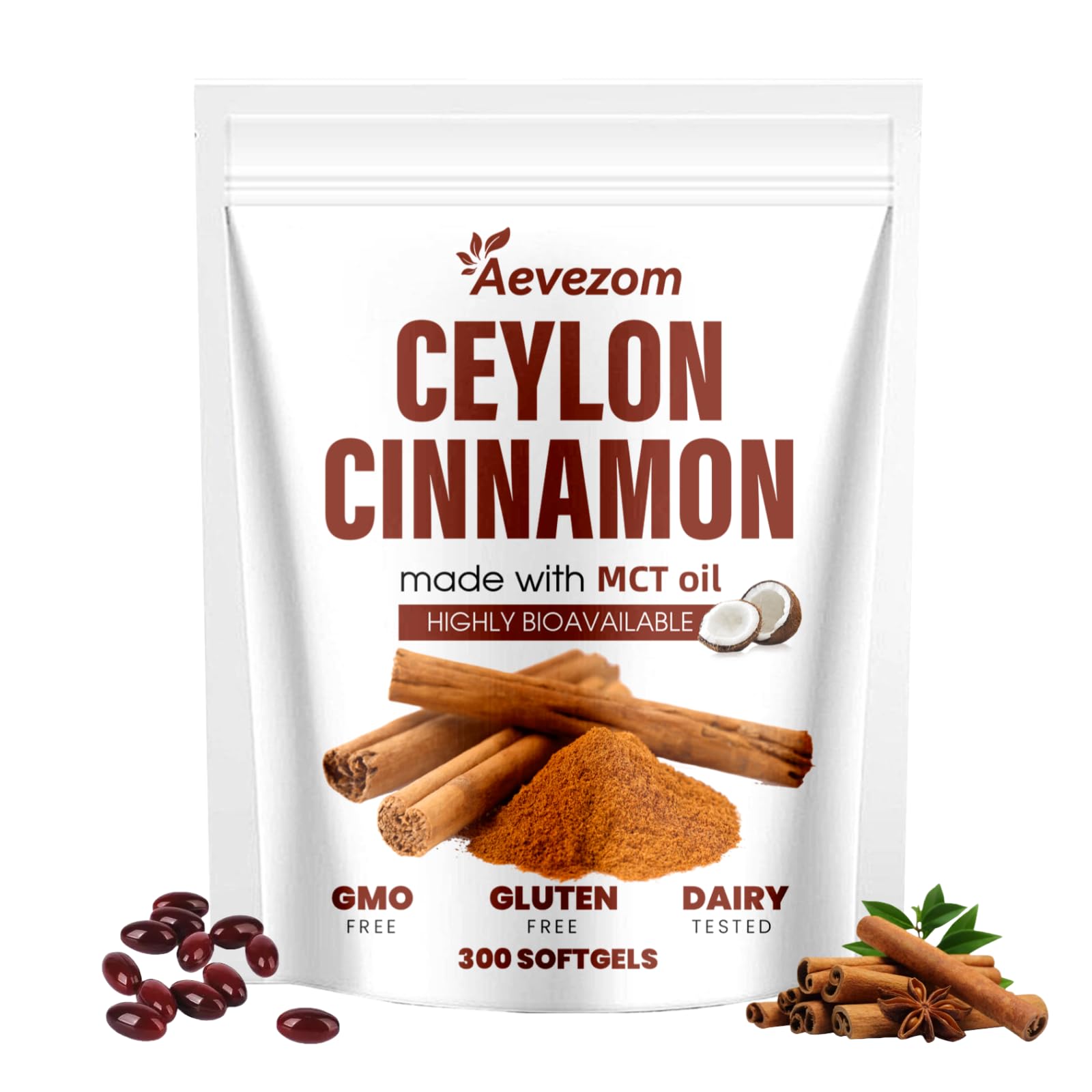 Aevezom frasco de Ceylon Cinnamon al frente mostrando 300 cápsulas y diseño naranja